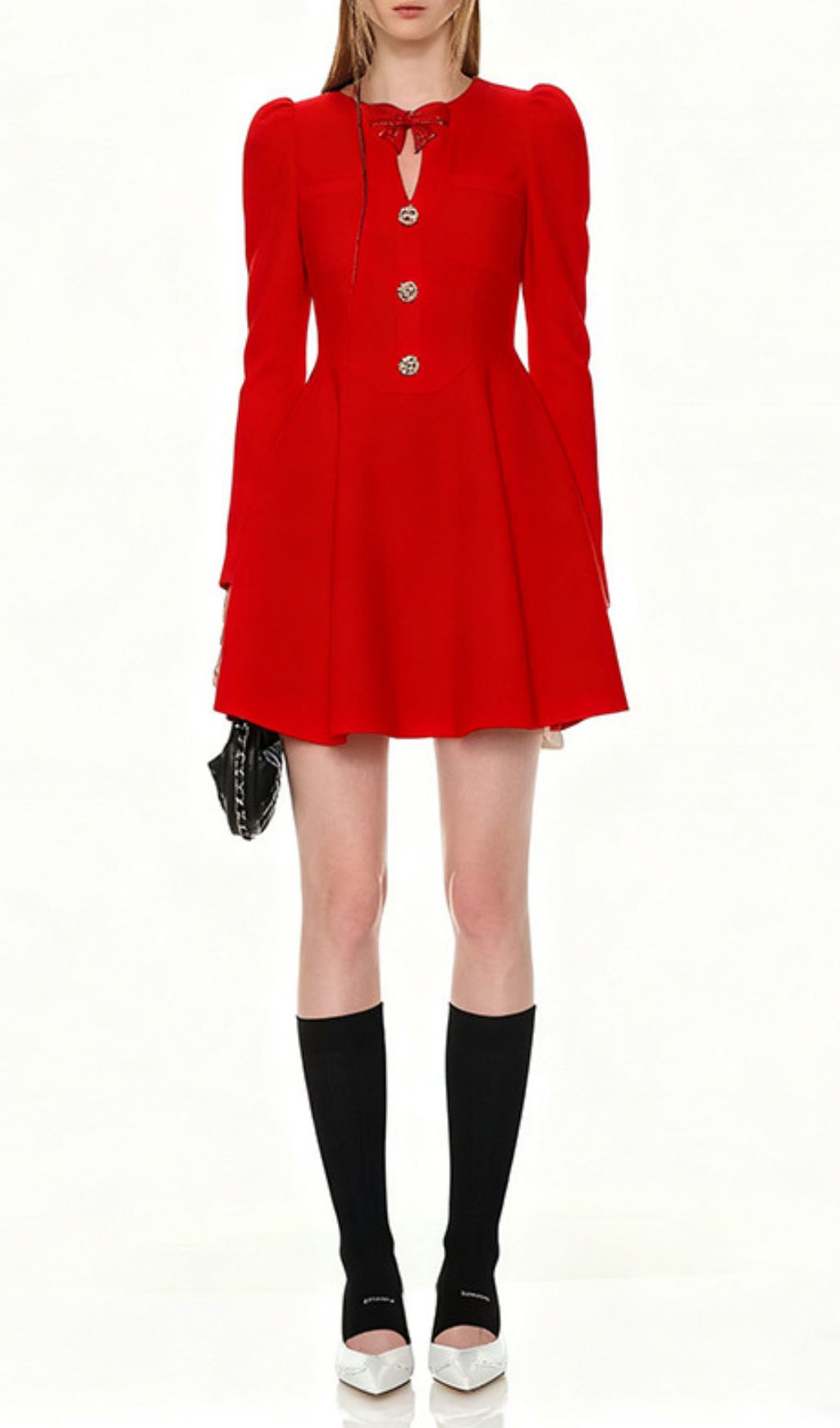 Turn Heads in Red: Italia Bow-Accent Long Sleeve Mini Dress