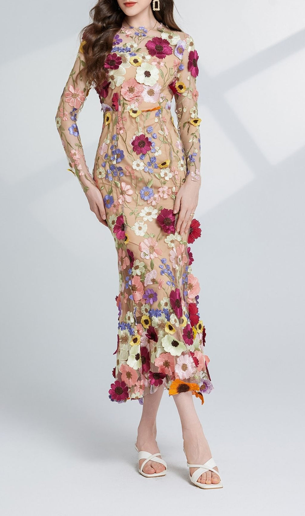 Carol Floral Embroidery Mesh Fishtail Long Sleeve Midi Dress