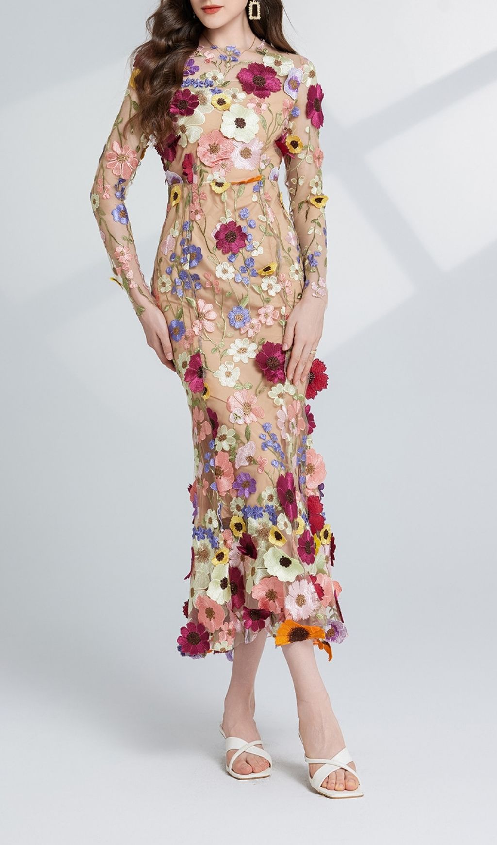 Carol Floral Embroidery Mesh Fishtail Long Sleeve Midi Dress