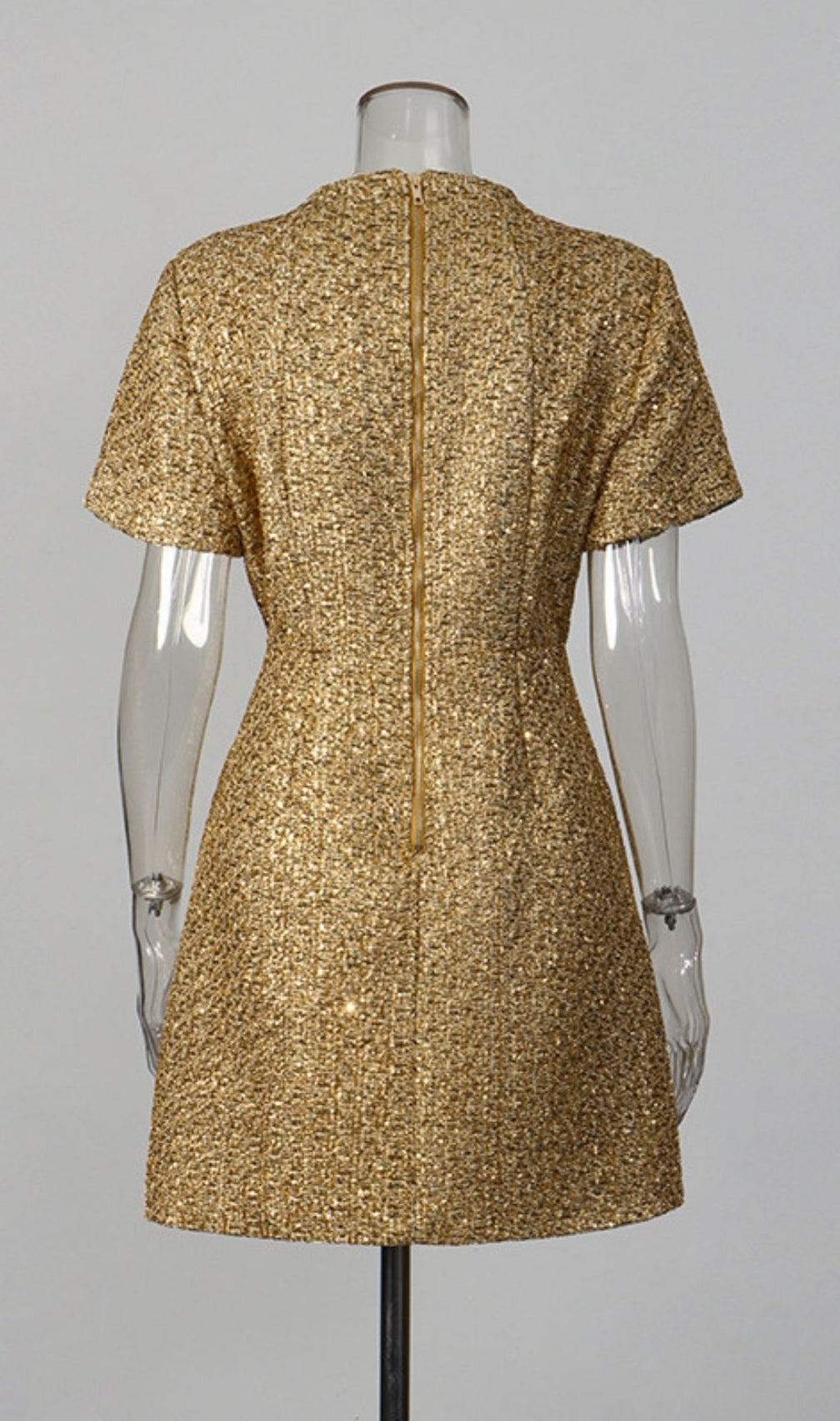 Keyla Luxe Gold Tweed Mini Dress with Pearl Buttons - Chic Party & Cocktail Attire