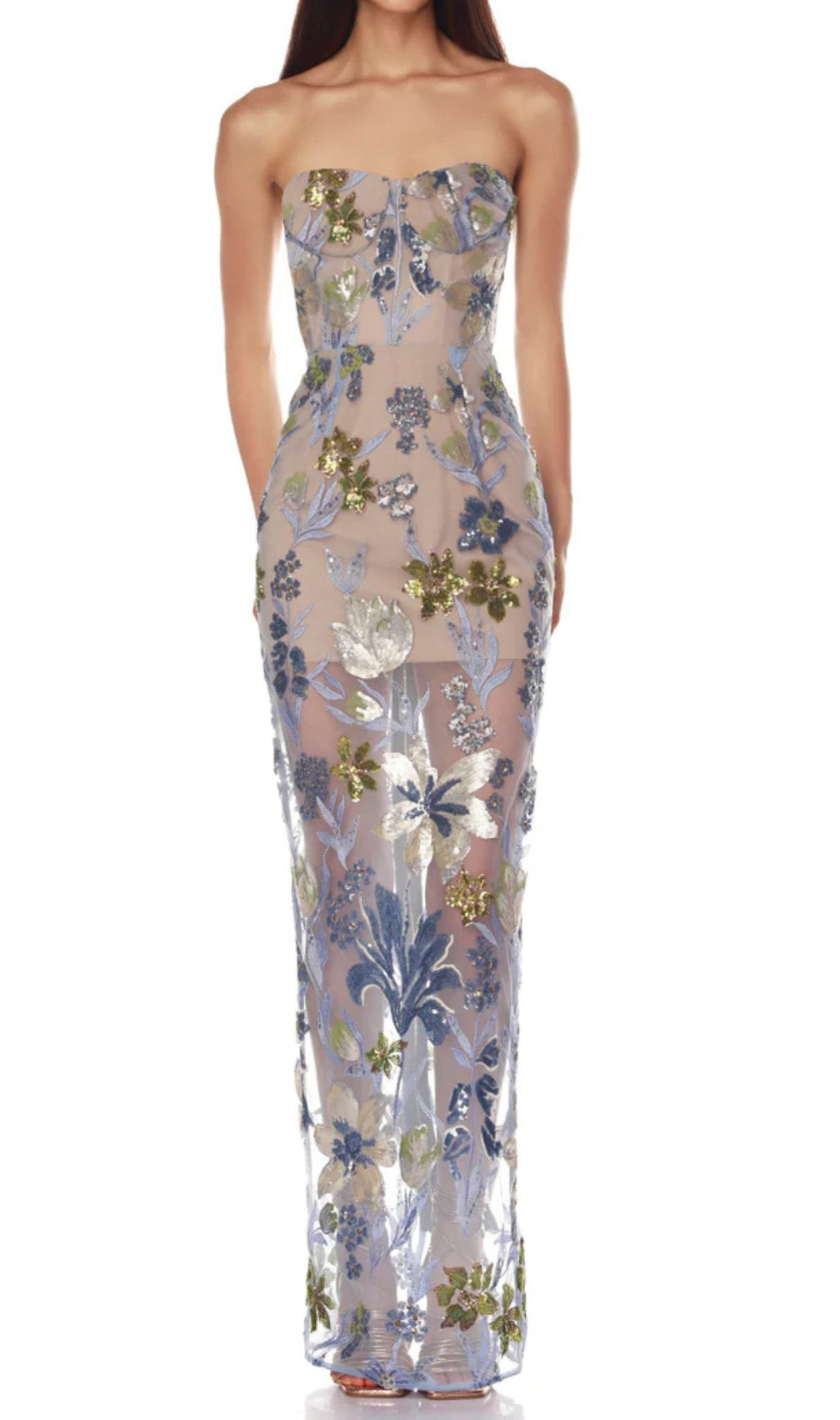 Danyl Blue Strapless Flower Sequin Maxi Dress