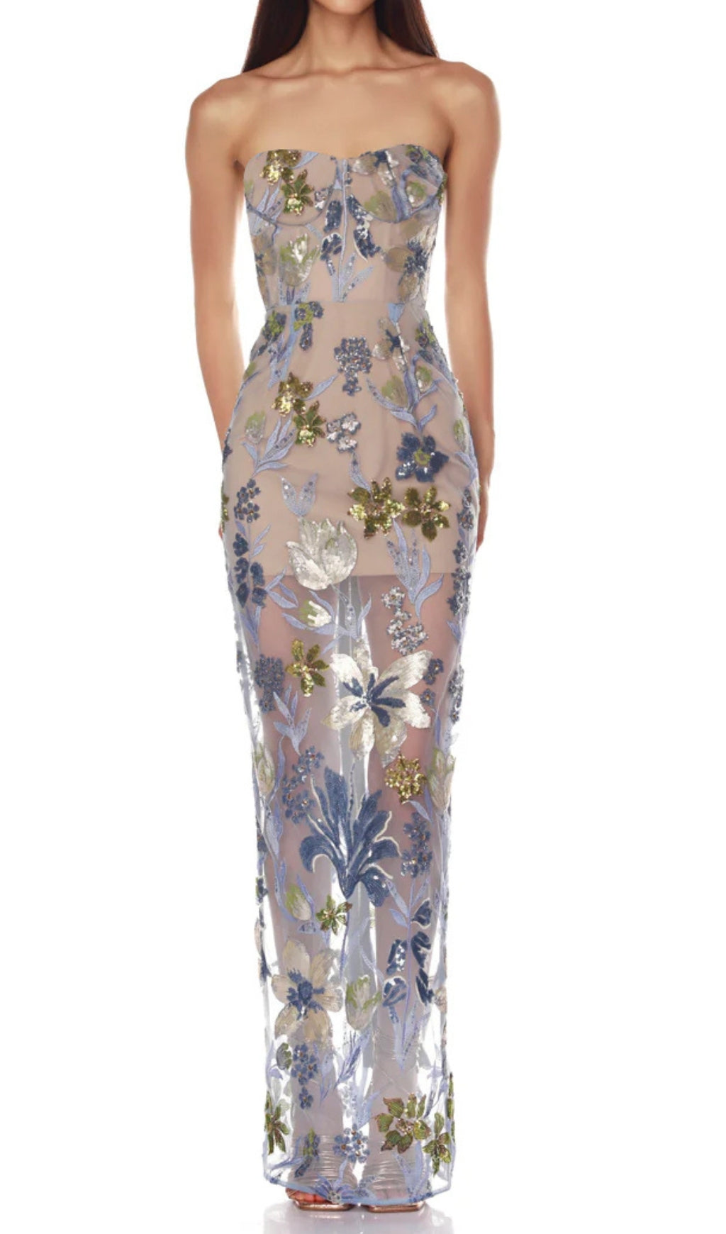 Danyl Blue Strapless Flower Sequin Maxi Dress