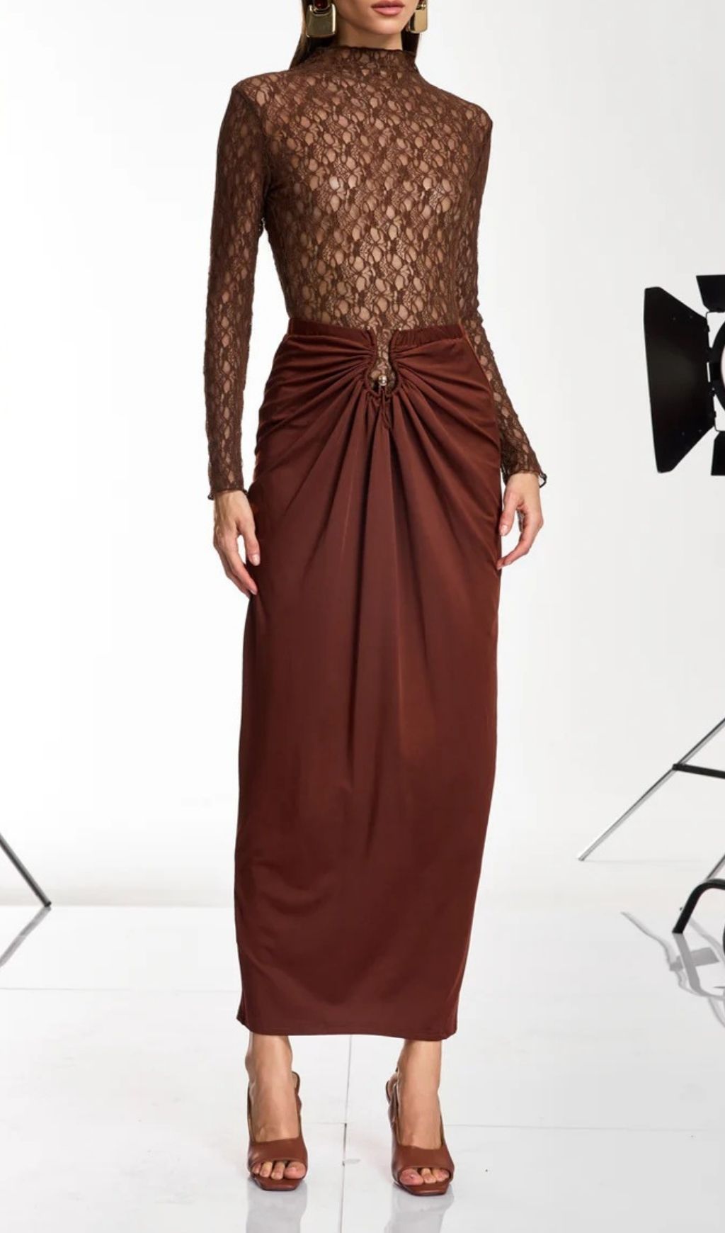 Darcila Luxe Lace Long Sleeve Top & Ruched Maxi Skirt Set