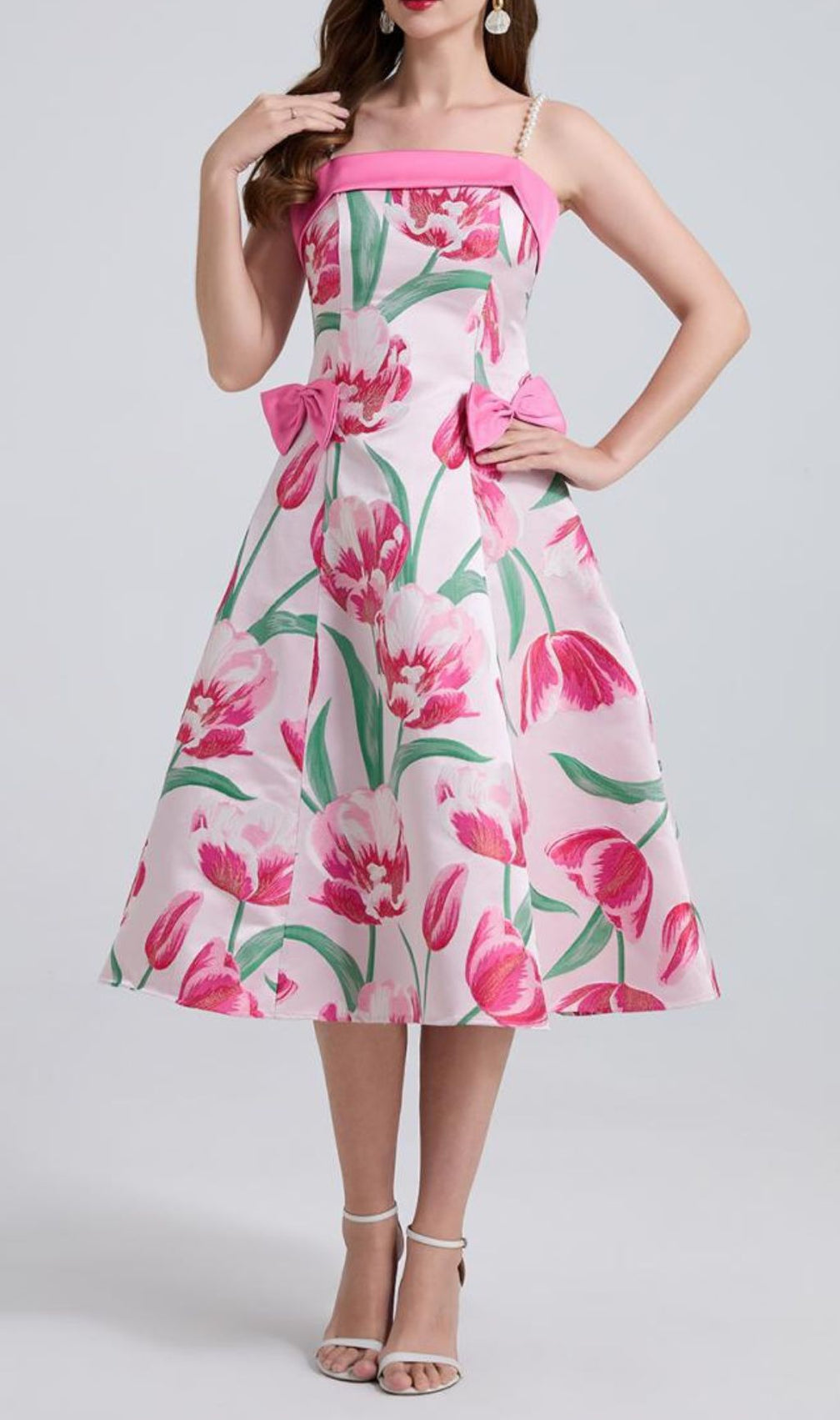 Faylinn Pink Flower Pearl Midi Dress