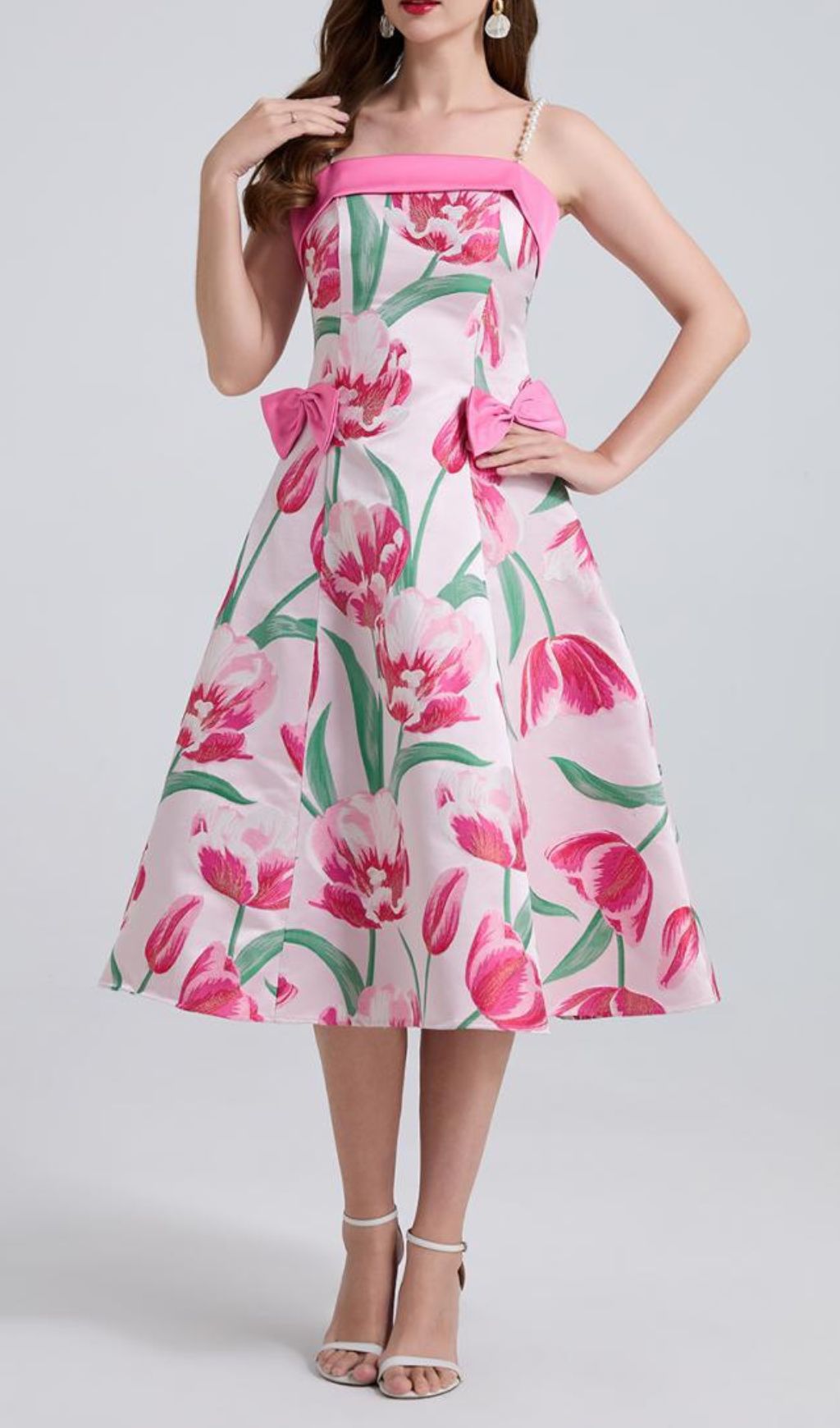 Faylinn Pink Flower Pearl Midi Dress