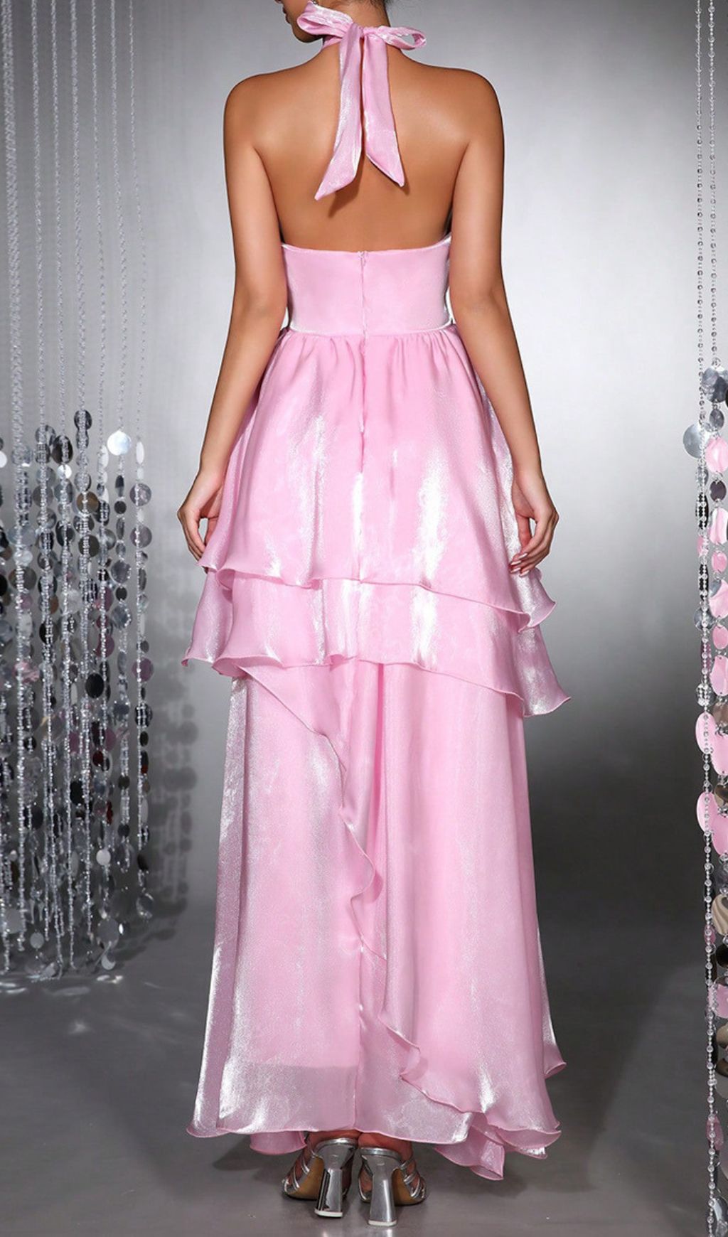 Haloke Shimmer Pink Halter Tiered Ruffle Maxi Dress - Elegant Occasion Gown