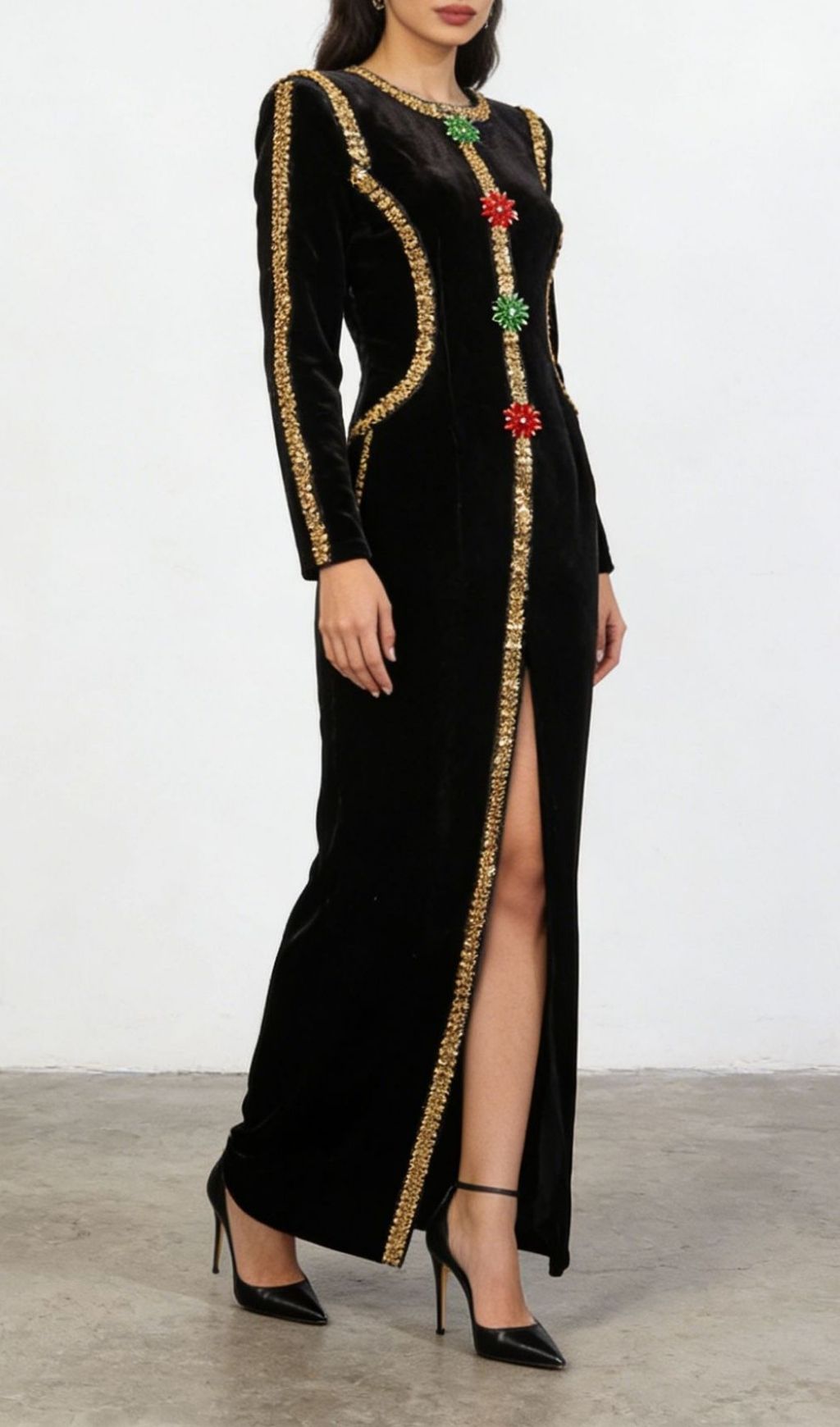 Kendria Black Velvet & Sequin Maxi Gown | Festive Floral Evening Dress