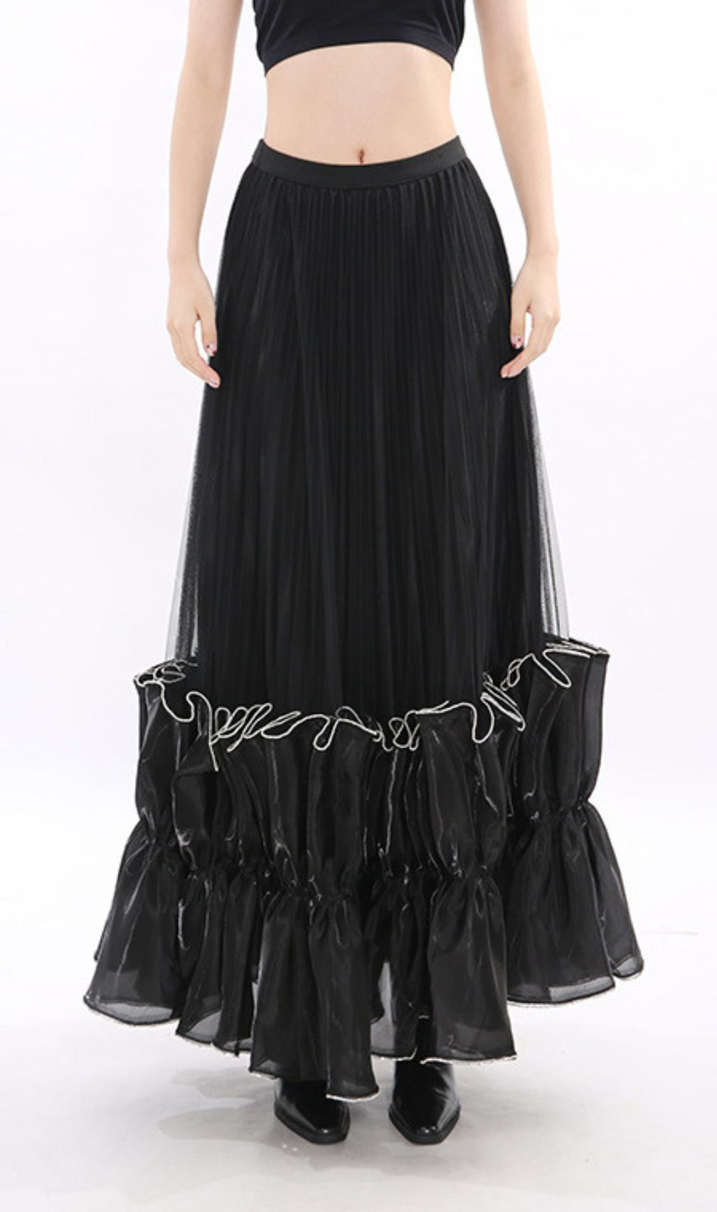 Jettie Black Sheer Mesh Maxi Skirt with Dramatic Ruffles