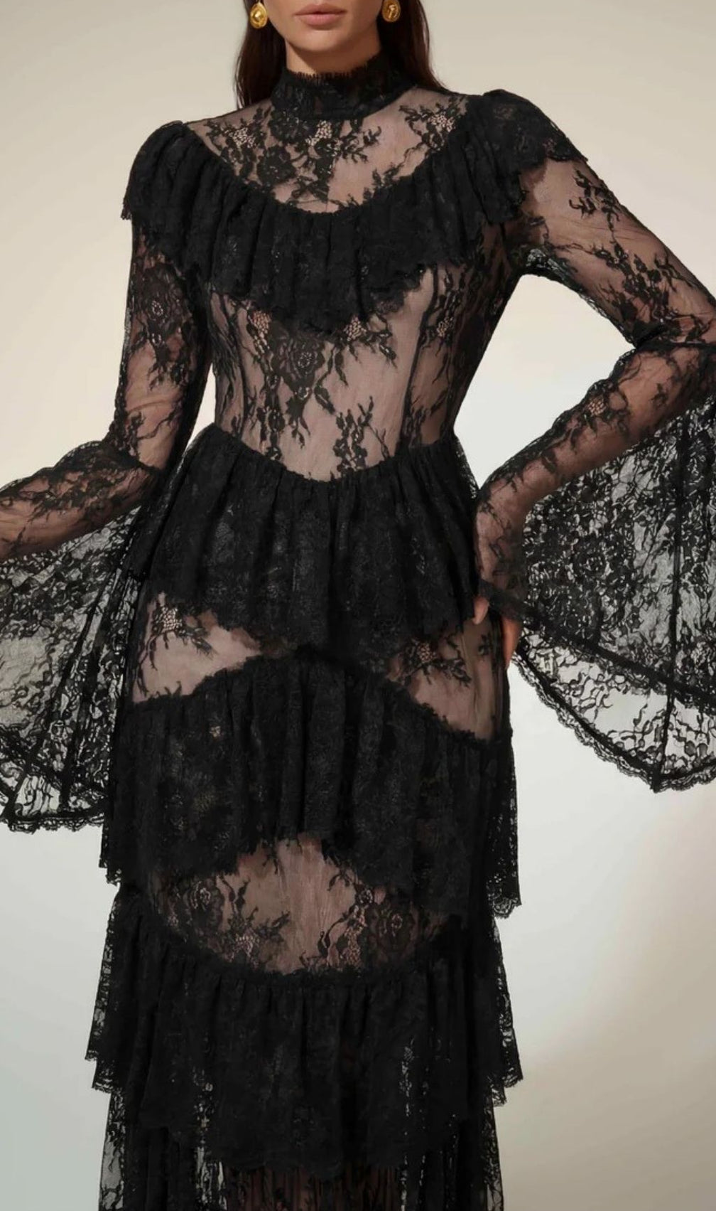 Aloysius Dramatic Black Lace Tiered Maxi Dress with Bell Sleeves