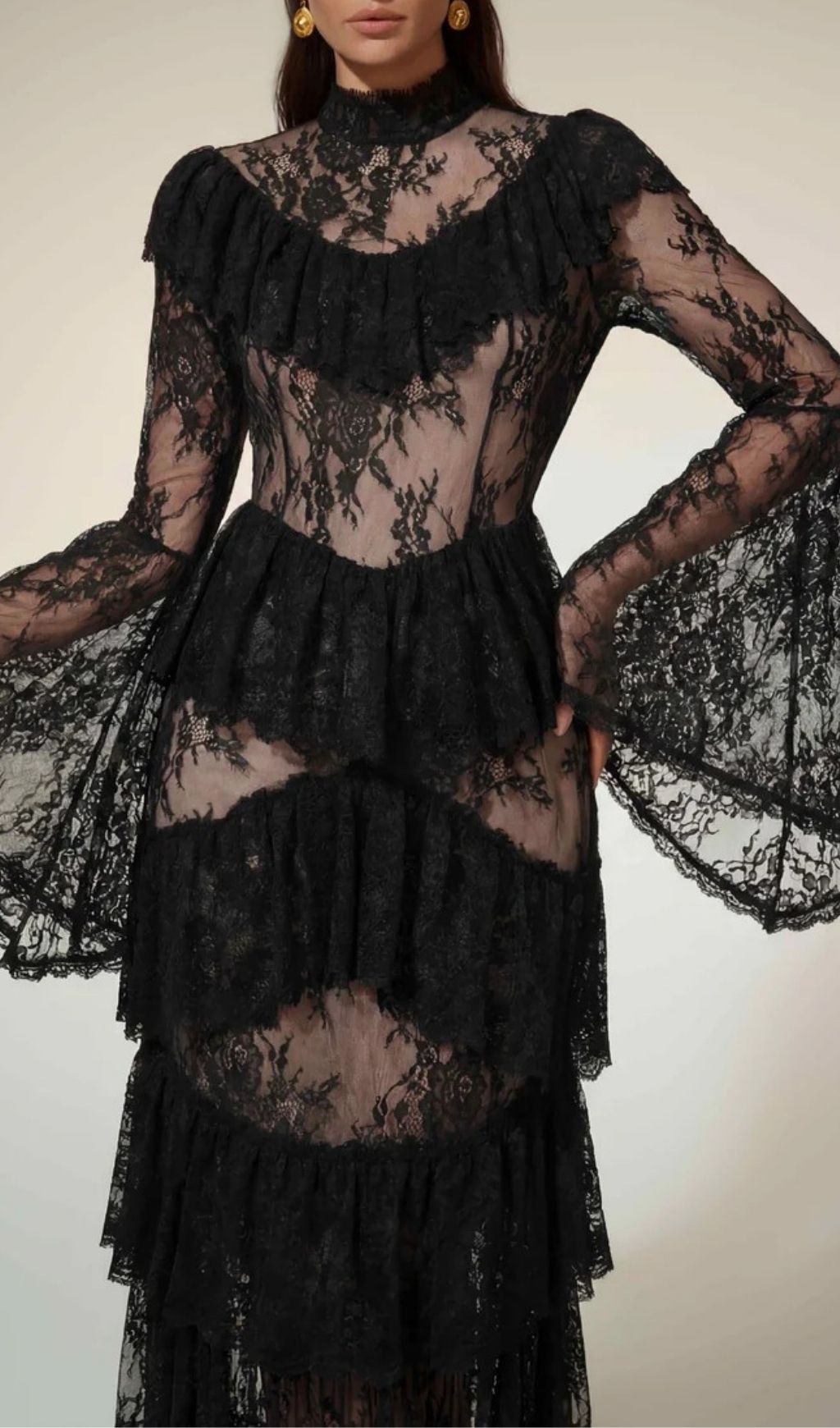 Aloysius Dramatic Black Lace Tiered Maxi Dress with Bell Sleeves
