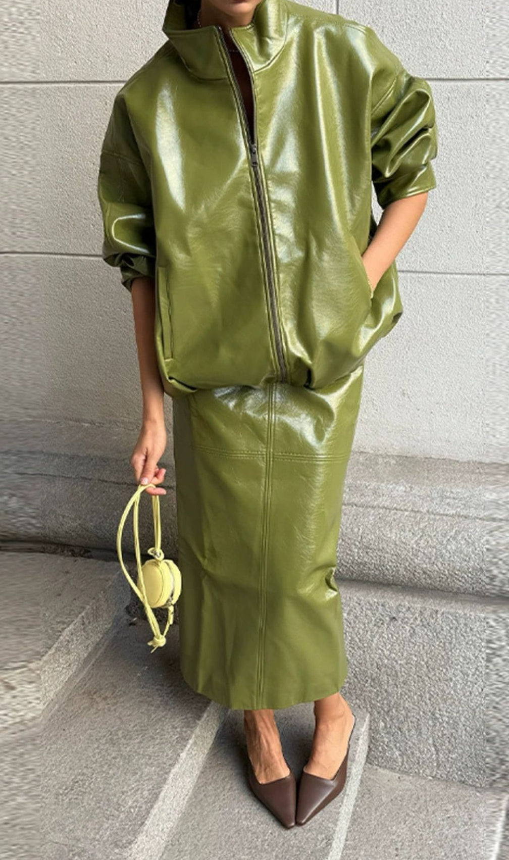 Jehan Glossy PU Leather Bomber Jacket & Midi Skirt Set - Chic Olive Green Co-ord