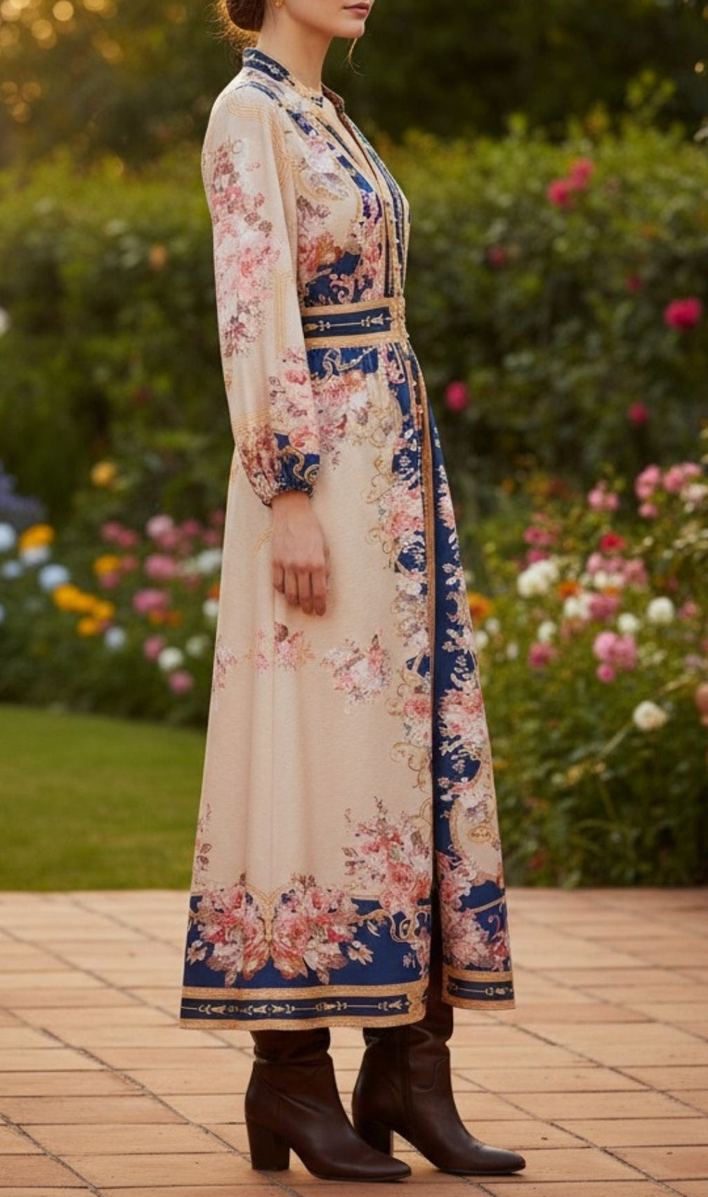Kamillia Elegant Navy & Blush Floral Belted Long Sleeve Maxi Dress