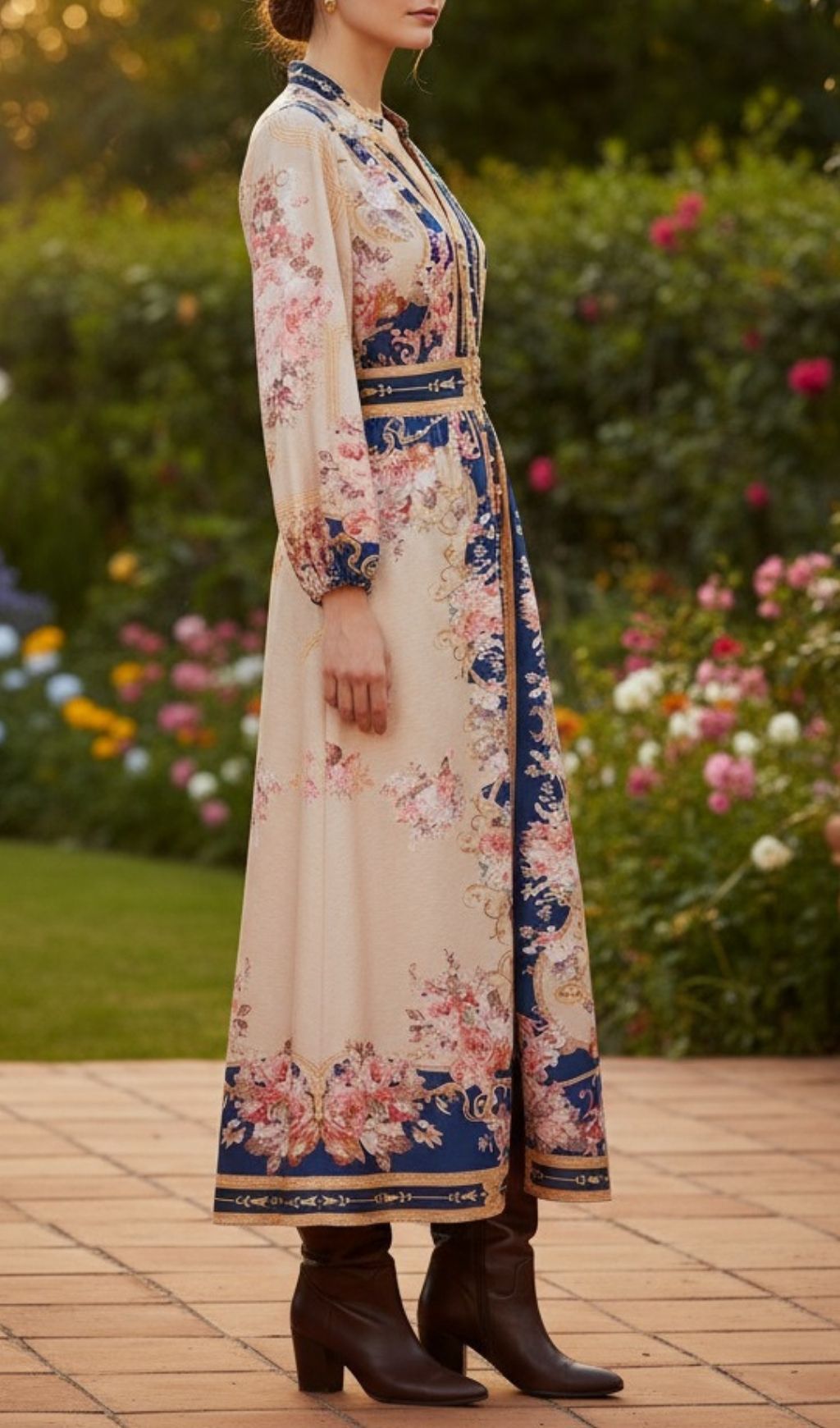Kamillia Elegant Navy & Blush Floral Belted Long Sleeve Maxi Dress