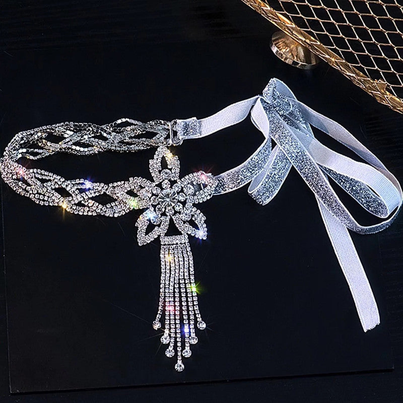 Kelley Dazzling Floral Diamante Tassel Choker Necklace - Statement Sparkle