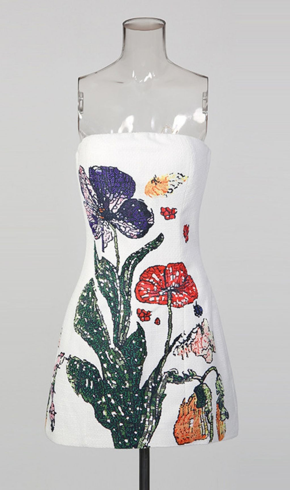 Kenley White Strapless Vibrant Floral Embroidered Mini Dress