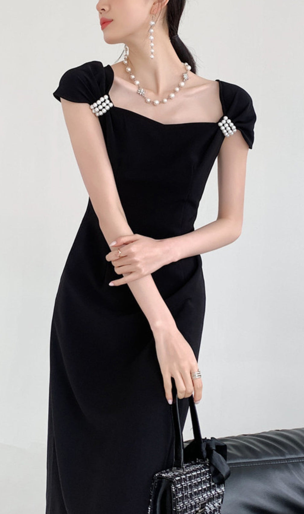 Pearl Half Sleeve Black Flowing Midi Dress