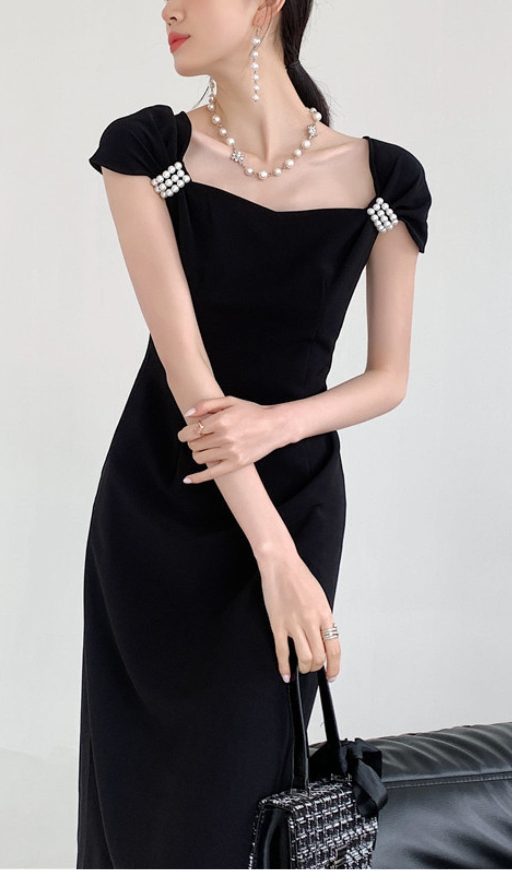 Pearl Half Sleeve Black Flowing Midi Dress