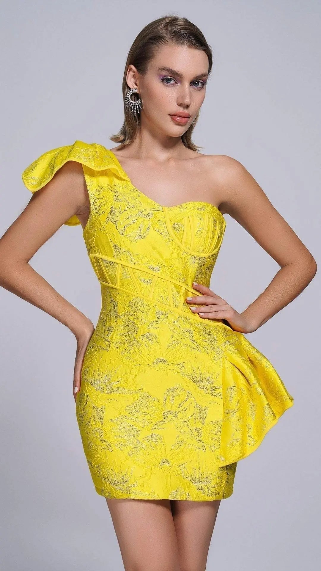 Jacquard One Shoulder Mini Dress In Yellow