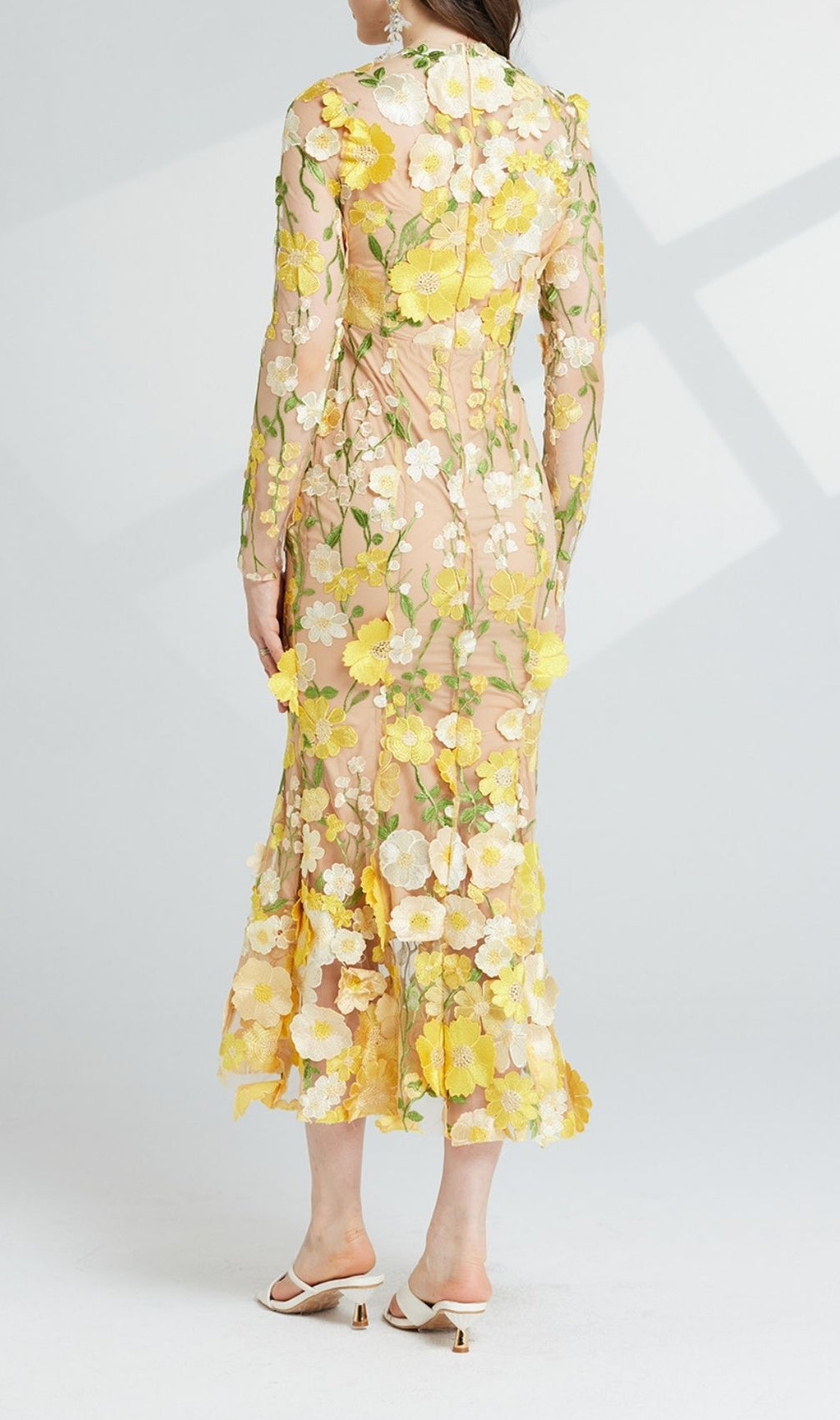 Carol Yellow Floral Embroidery Mesh Fishtail Long Sleeve Midi Dress
