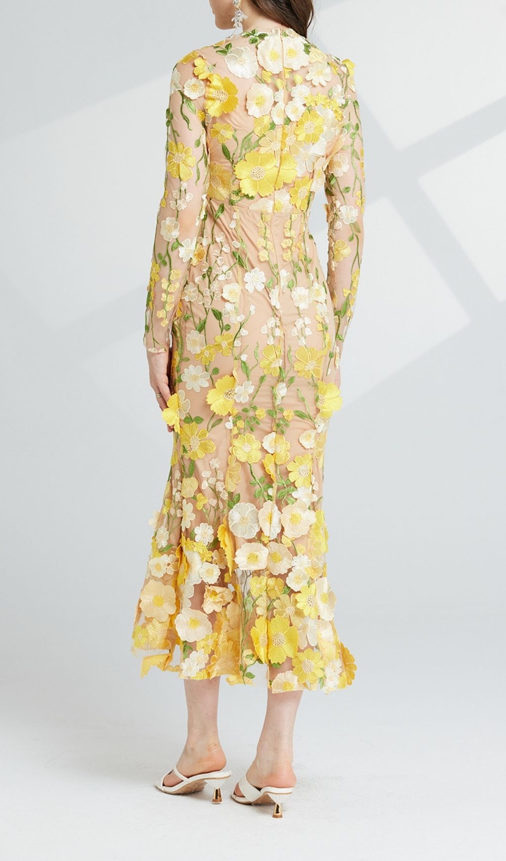Carol Yellow Floral Embroidery Mesh Fishtail Long Sleeve Midi Dress
