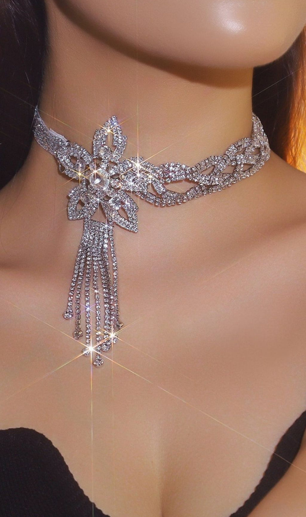 Kelley Dazzling Floral Diamante Tassel Choker Necklace - Statement Sparkle