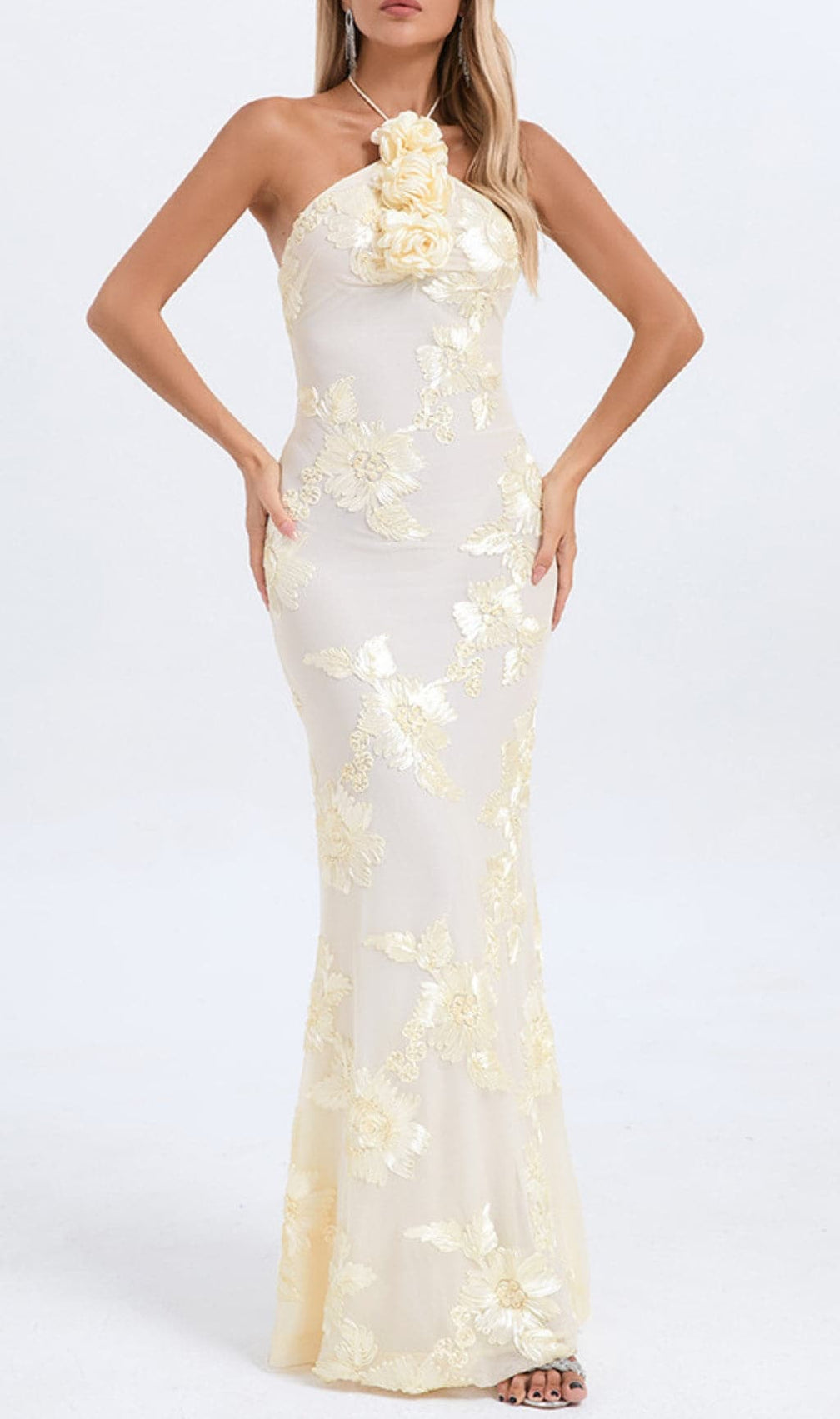 Bambi Ivory Halter Flower Maxi Dress