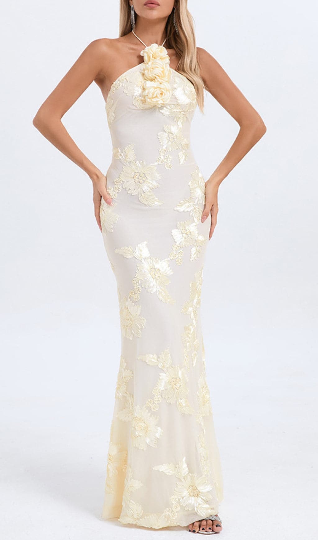Bambi Ivory Halter Flower Maxi Dress