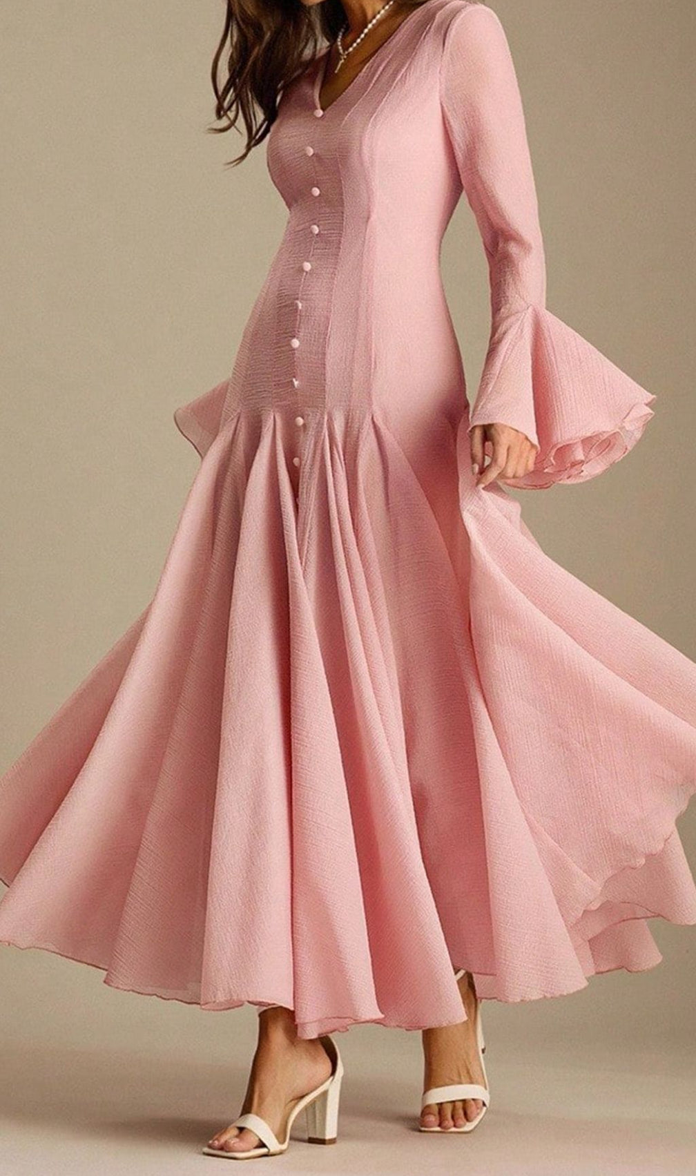 Lane Pink V-Neck Long Sleeve Maxi Dress