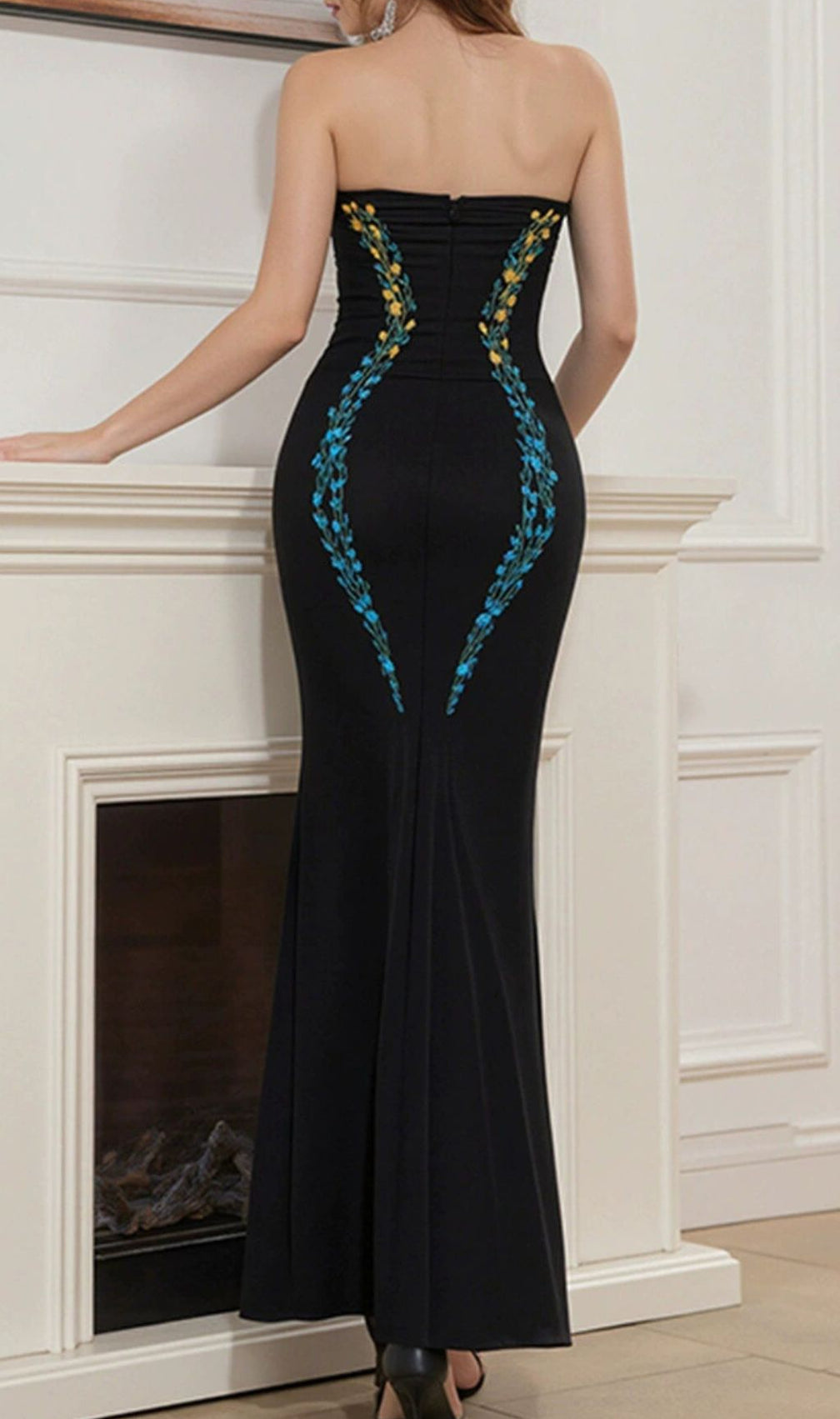 Gracelyn Black Strapless Flower Maxi Dress