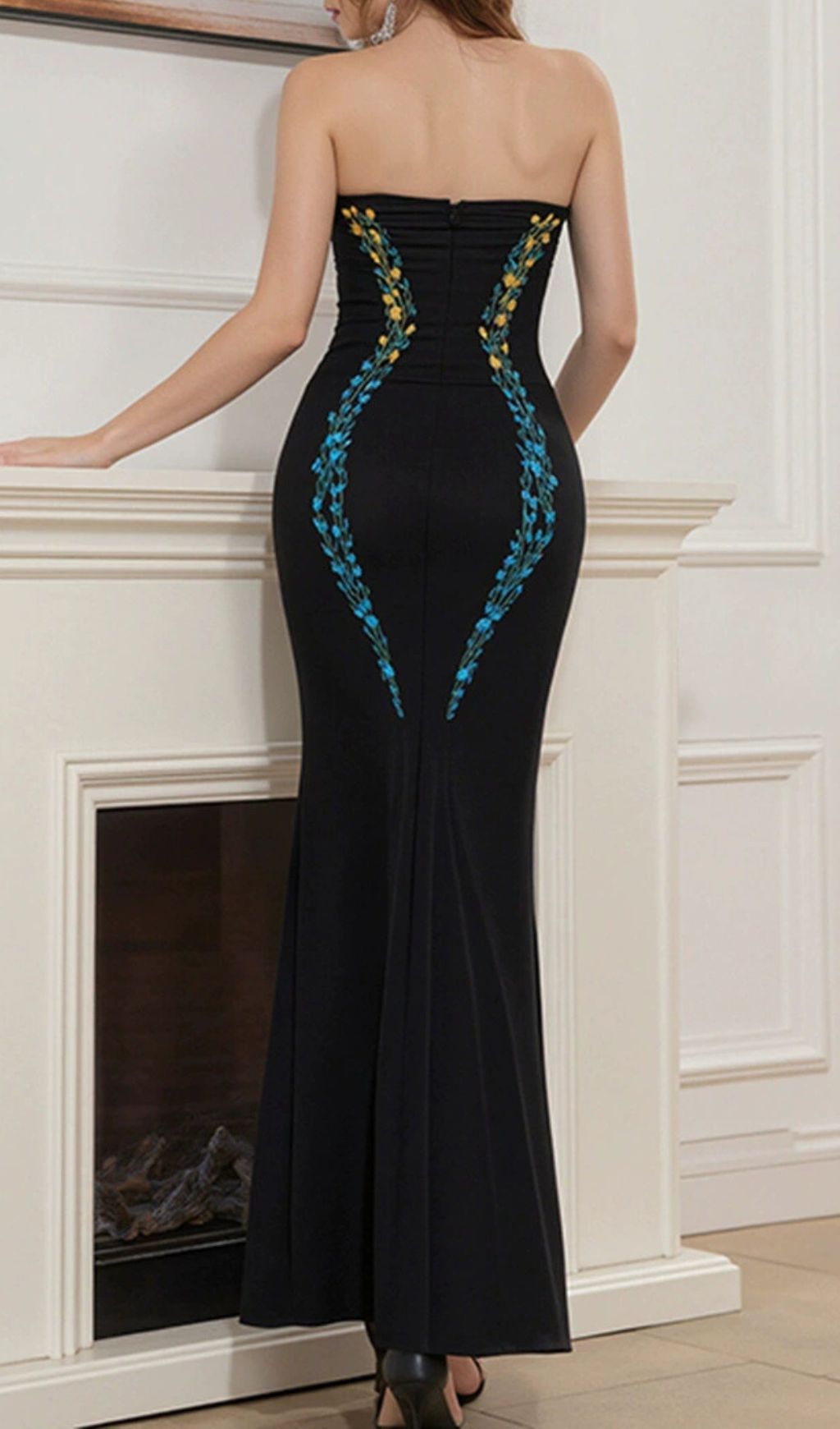 Gracelyn Black Strapless Flower Maxi Dress