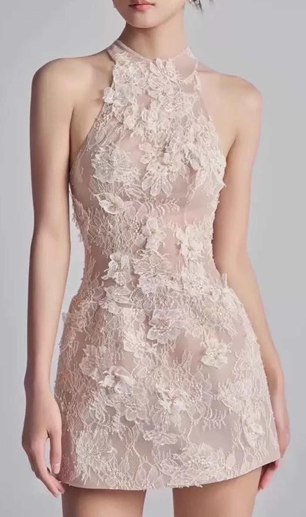 Darin Halter Flower Lace Mini Dress
