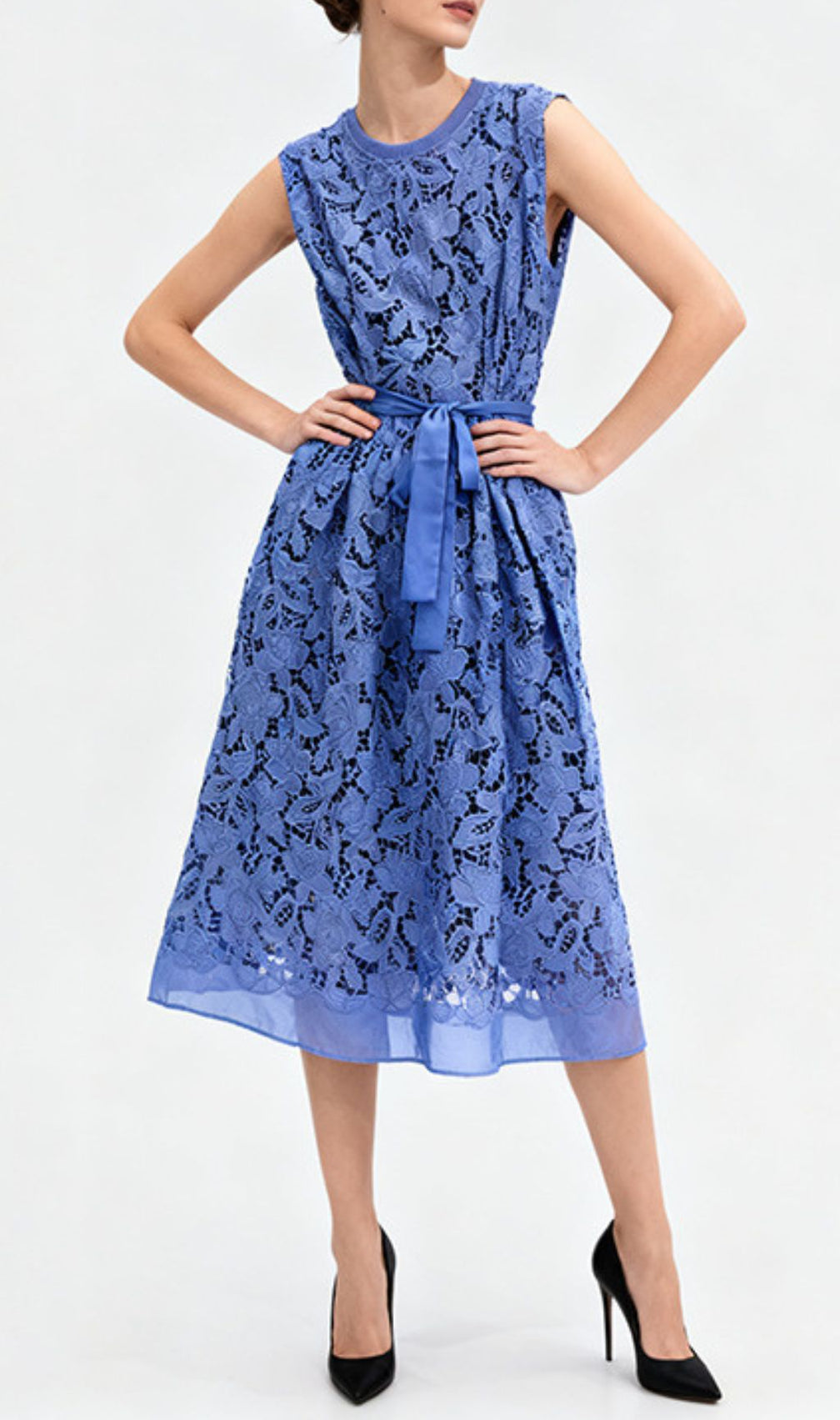 Illyria Blue Floral Lace Midi Dress with Belt - Sleeveless & Chic