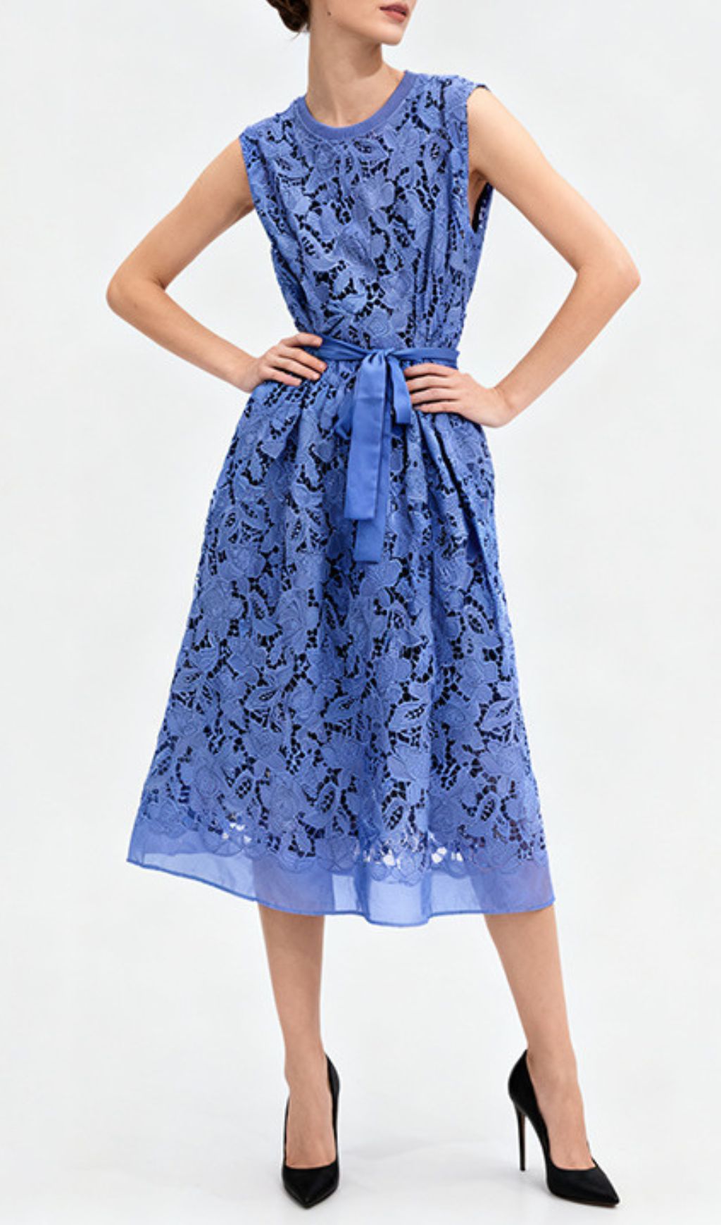 Illyria Blue Floral Lace Midi Dress with Belt - Sleeveless & Chic