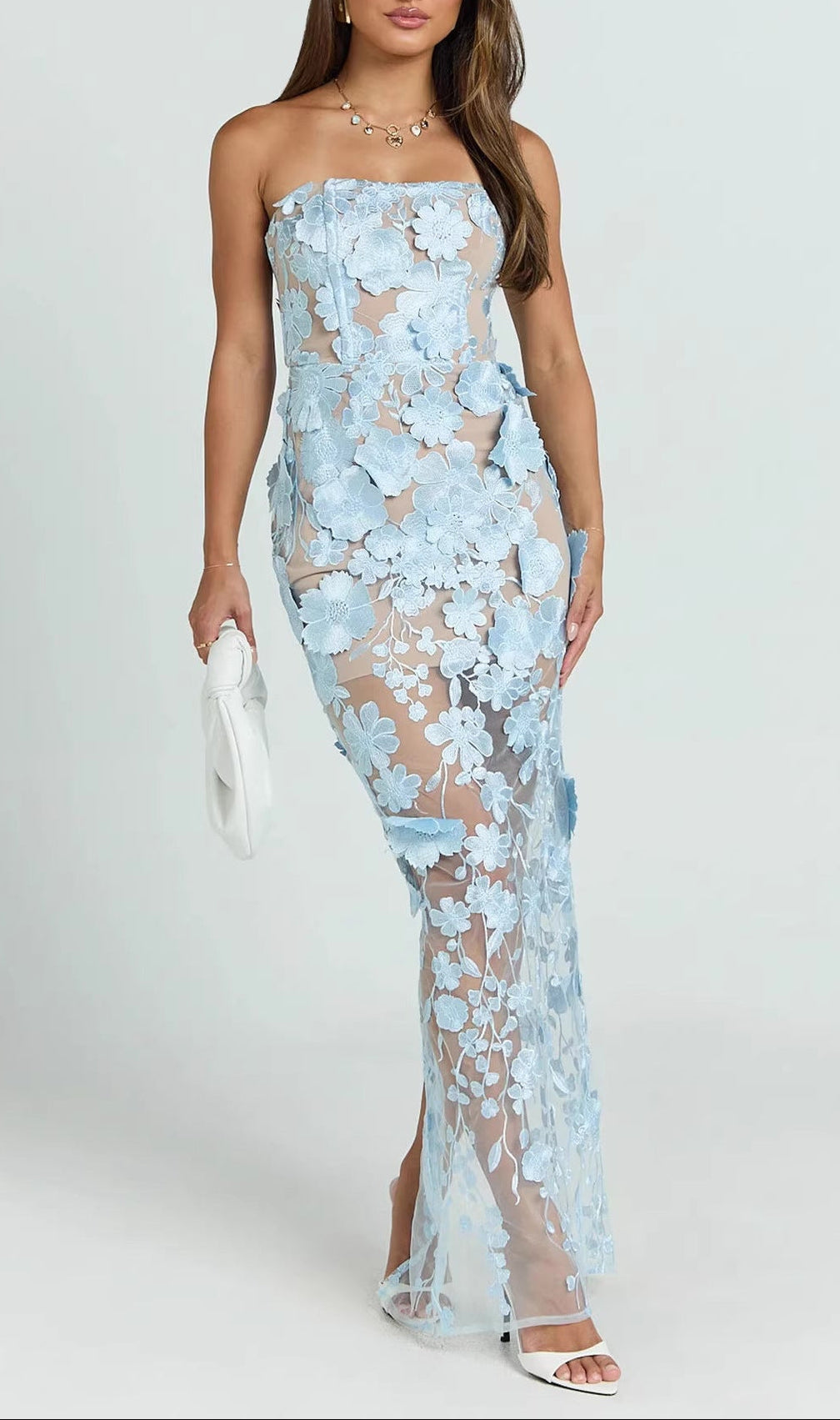 Strapless 3D Floral Mesh Maxi Dress