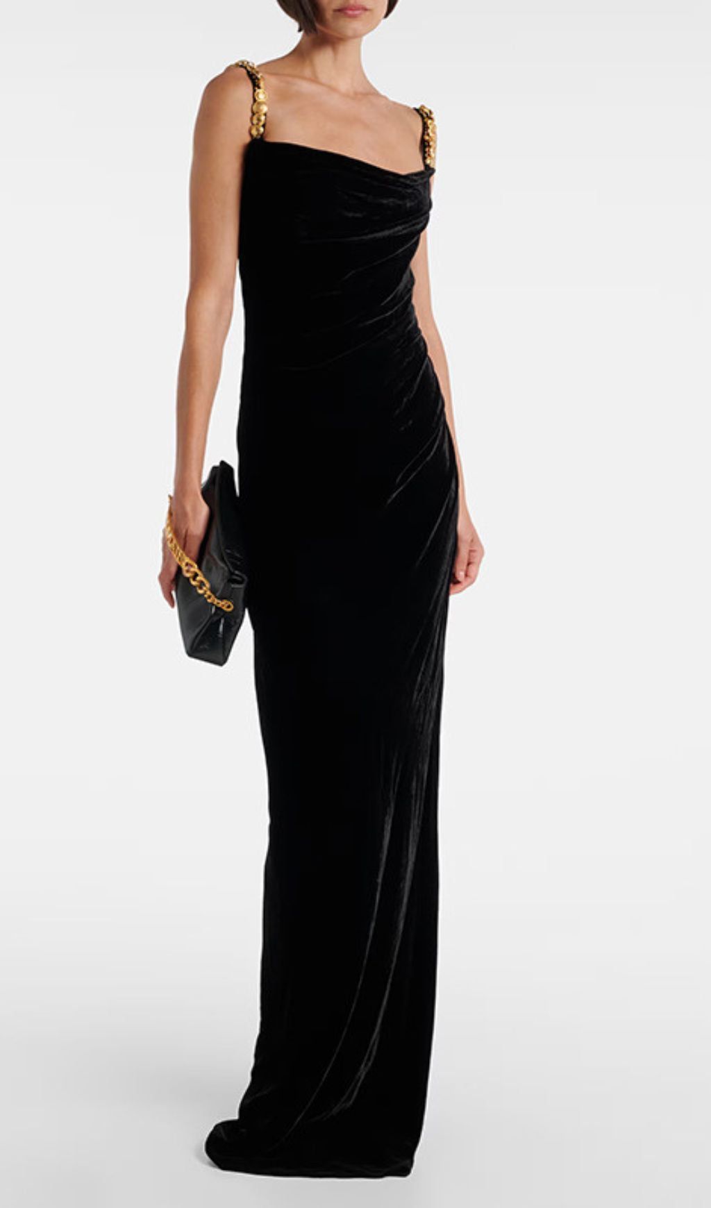 Opulent Black Velvet Maxi Dress with Draped Bodice & Gold Chain Straps