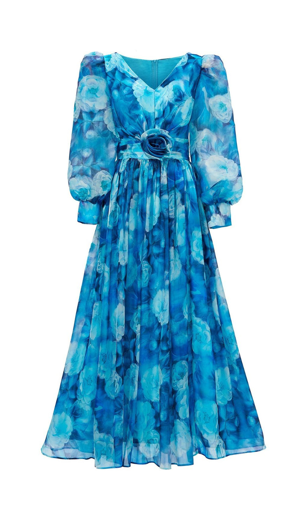 Feray Blue Floral Printed Long Sleeve Maxi Dress