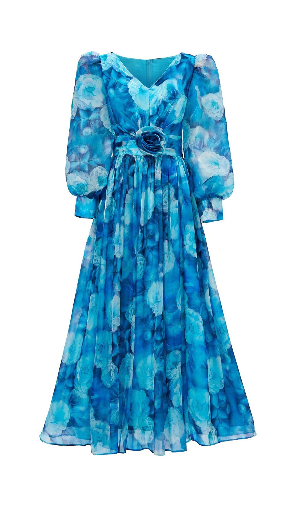 Feray Blue Floral Printed Long Sleeve Maxi Dress
