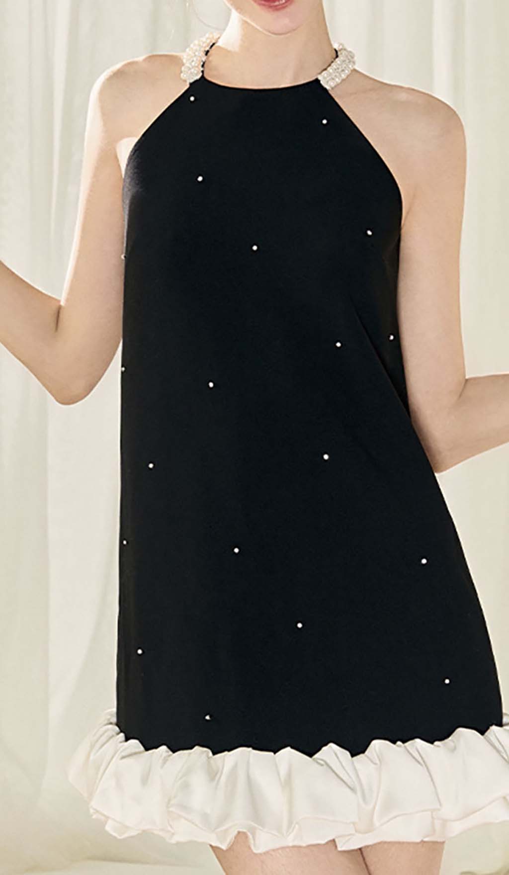 Frill Pearl Mini Dress In Black