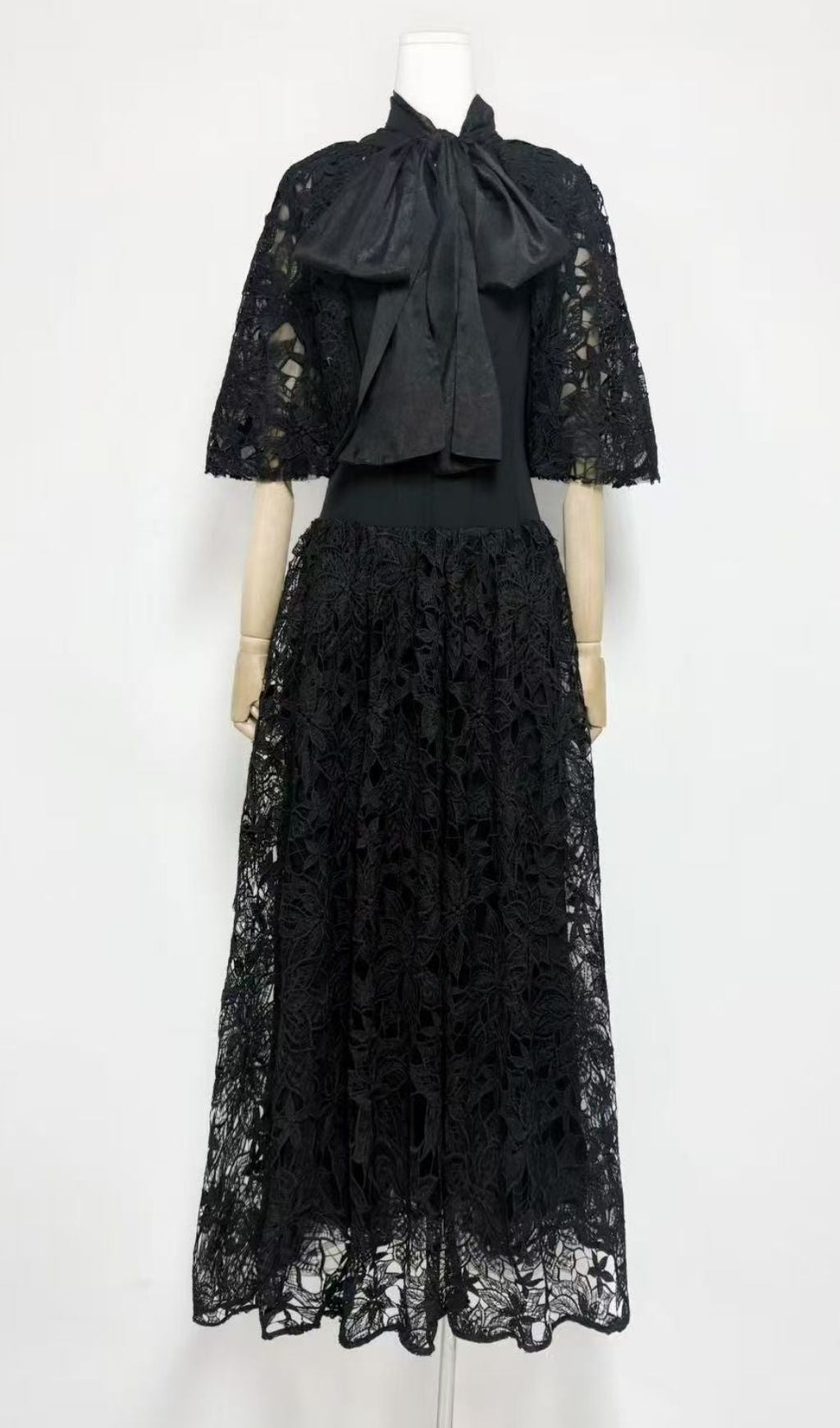 Chantelle Black Lace Maxi Dress: Dramatic Bow Neck & Voluminous Sleeves | Elegant Formal Gown