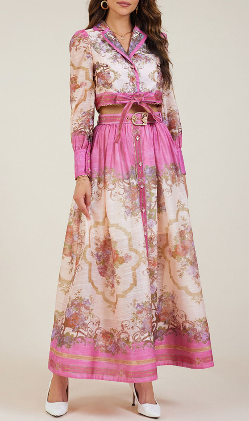 Gretchen Pink Flower Printed Long Sleeve Blouse & Skirt Set