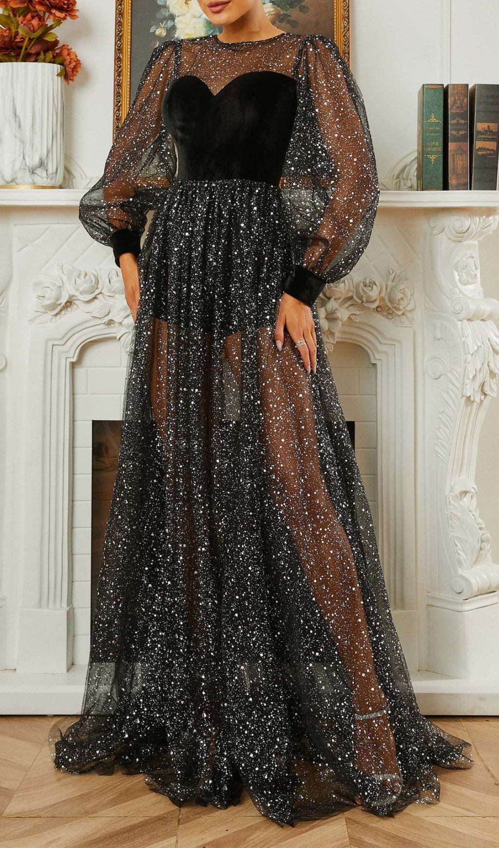 Catlyn Black Mesh Long Sleeve Maxi Dress
