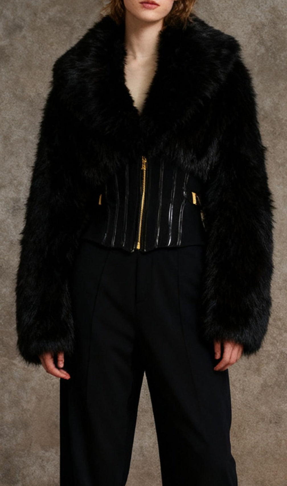 Iokina Black Faux Fur Corset Jacket | Luxe Statement Outerwear for Women