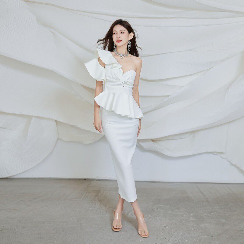 Elegant Strapless Ruffle Backless Maxi Dress Set with Peplum - Glamorous Evening Gown