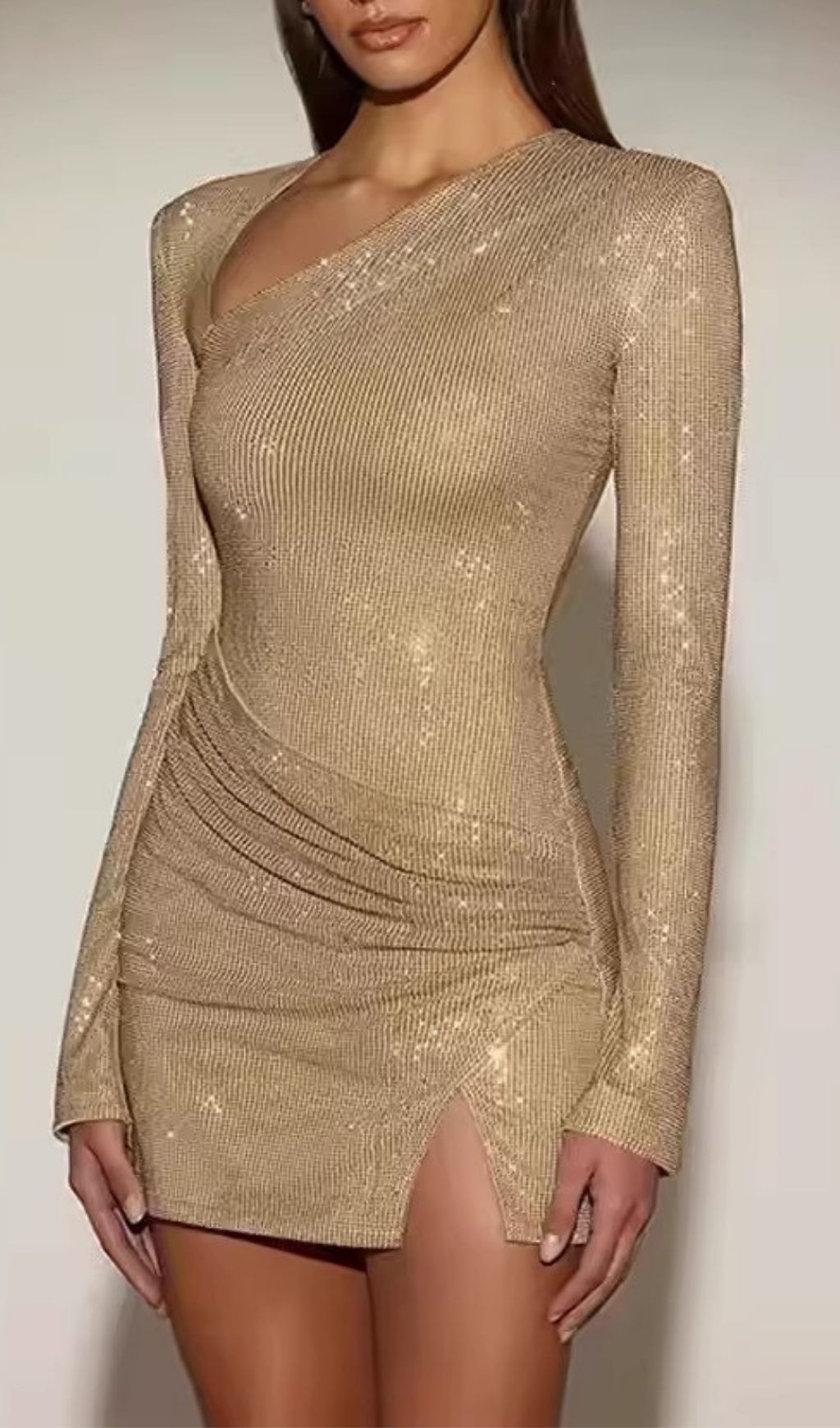 Clarrie Dazzling Rhinestone Asymmetrical Long Sleeve Mini Dress