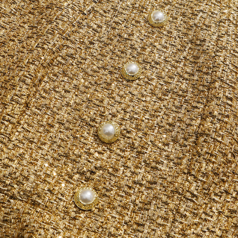 Keyla Luxe Gold Tweed Mini Dress with Pearl Buttons - Chic Party & Cocktail Attire
