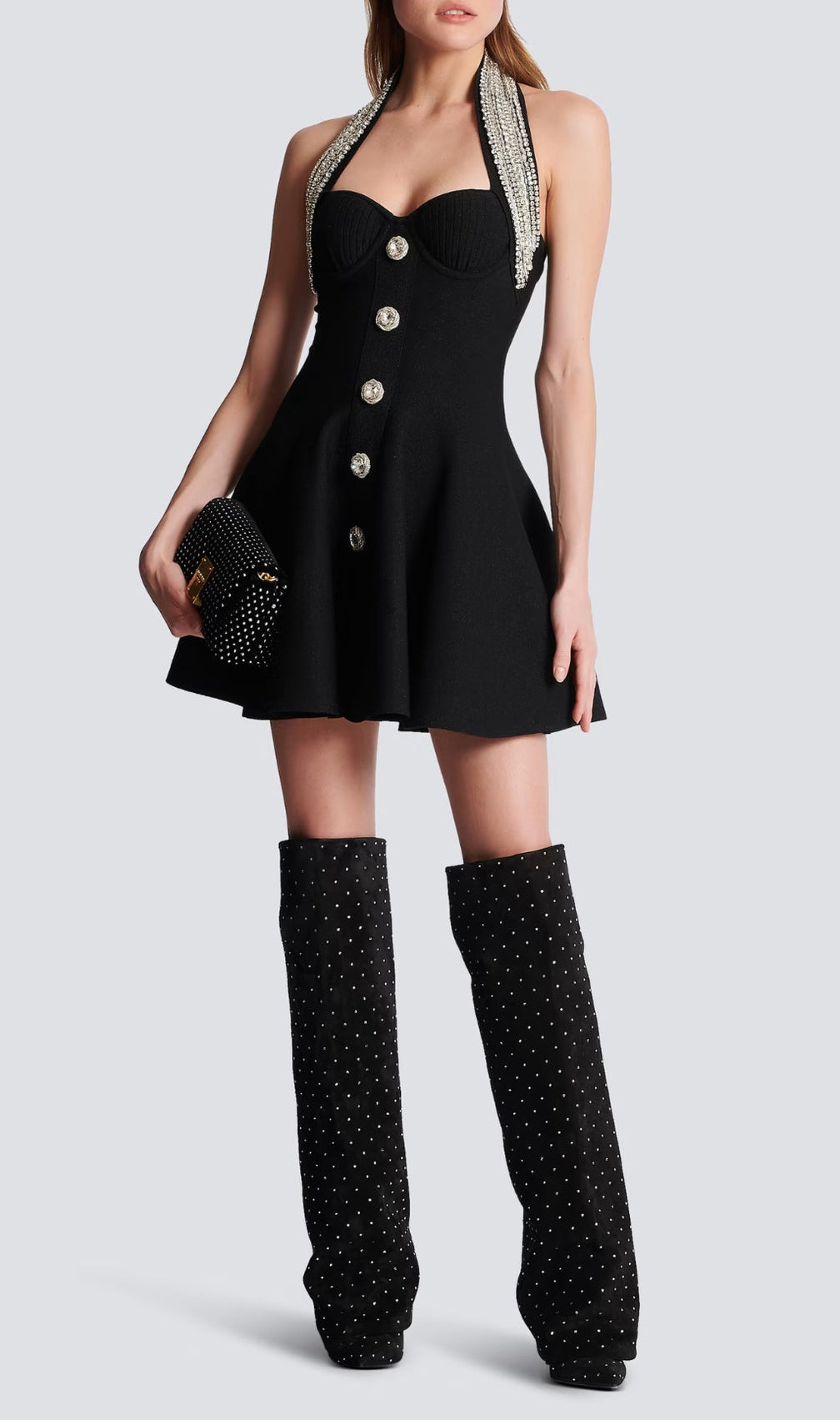 Alev Black Halter Embellished Mini Dress