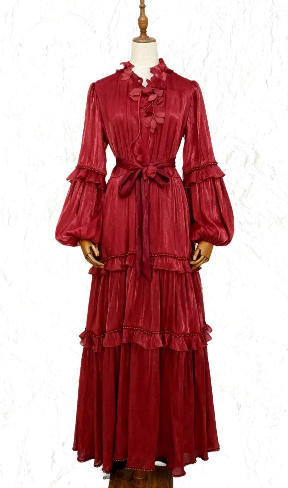 Ilissa Elegant Ruffle Midi Dress for Women - Chic Long Sleeve Tiered Design in Burgundy