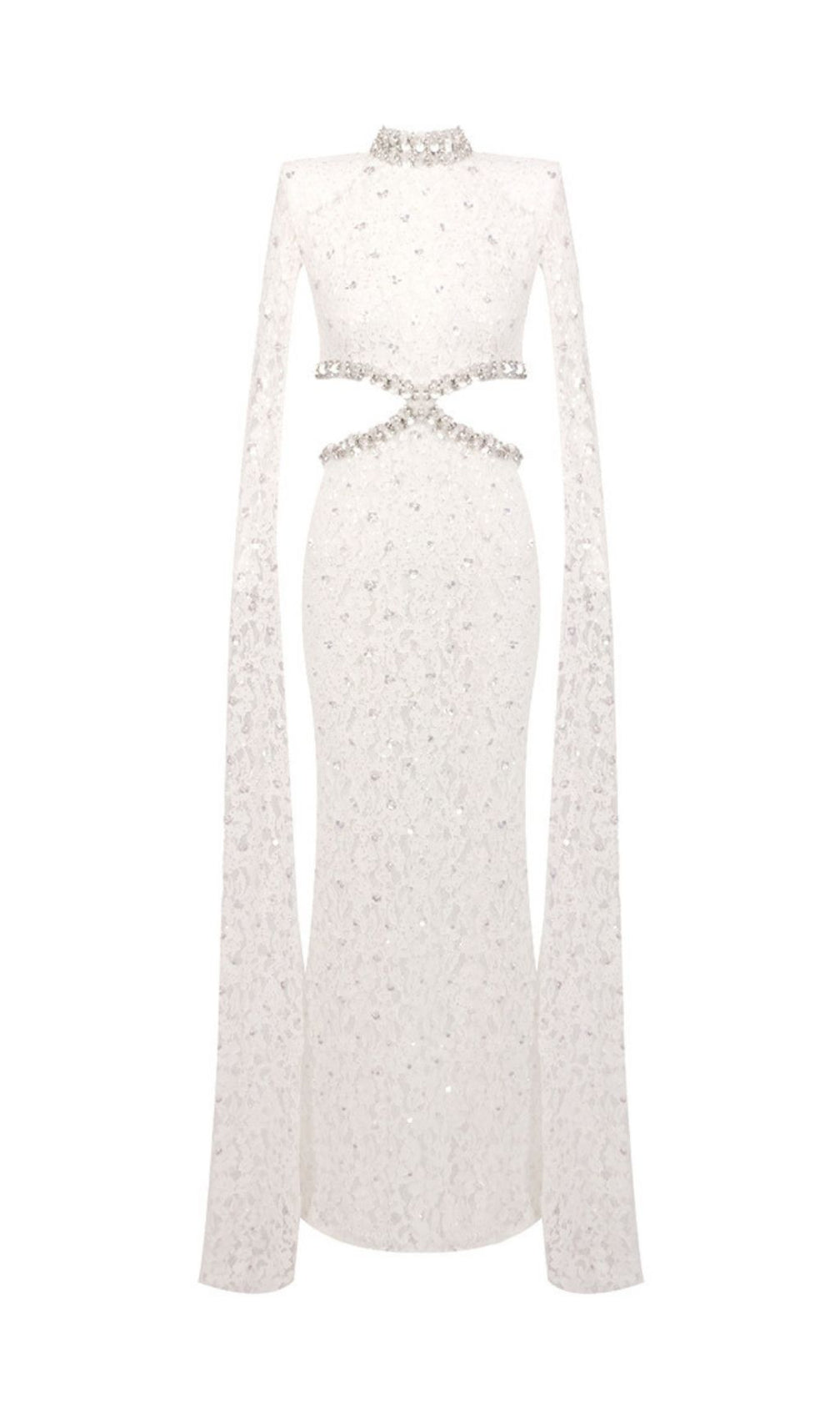 Katoka Glamour White Lace Sequin Cutout Maxi Gown with Flowing Cape Sleeves