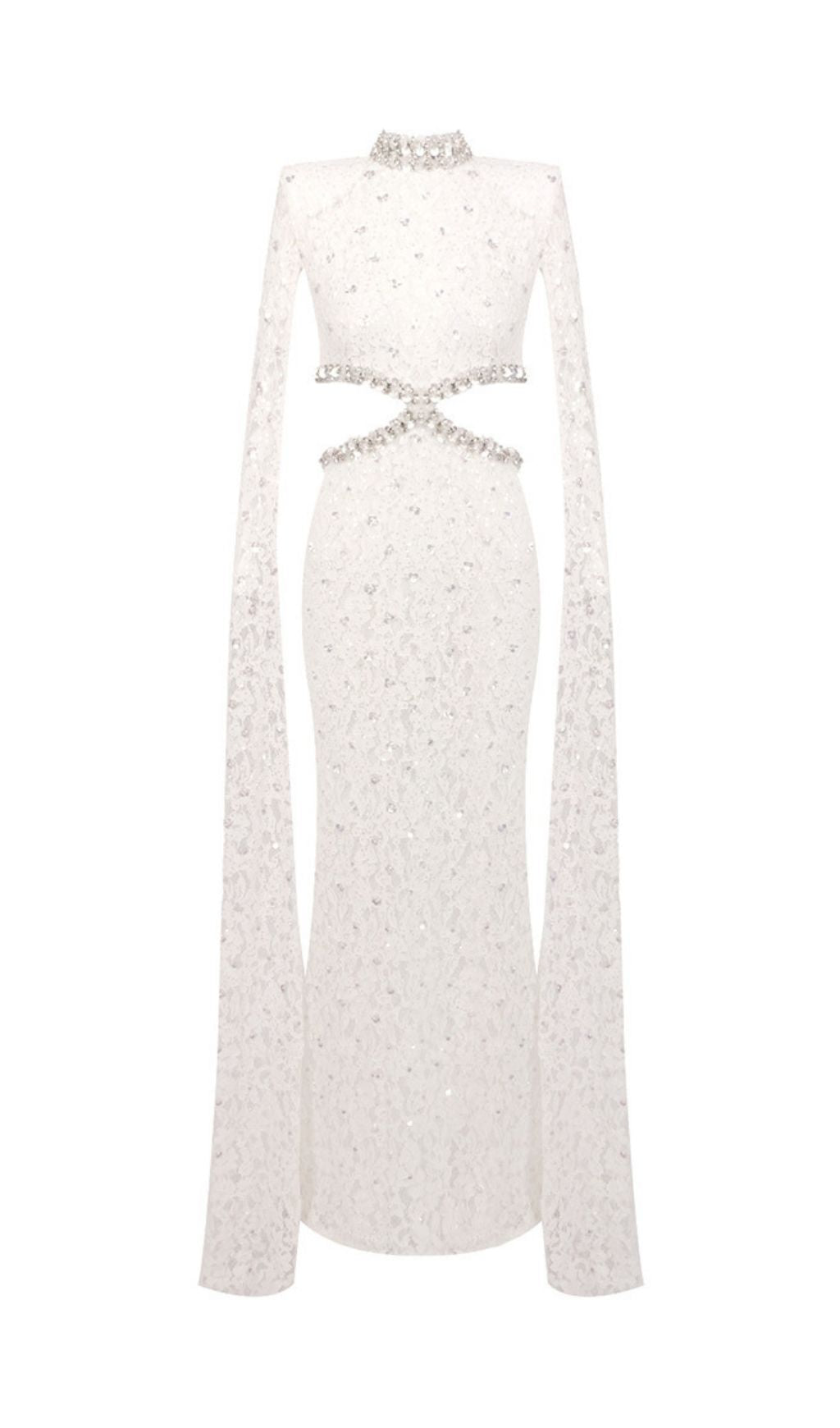 Katoka Glamour White Lace Sequin Cutout Maxi Gown with Flowing Cape Sleeves