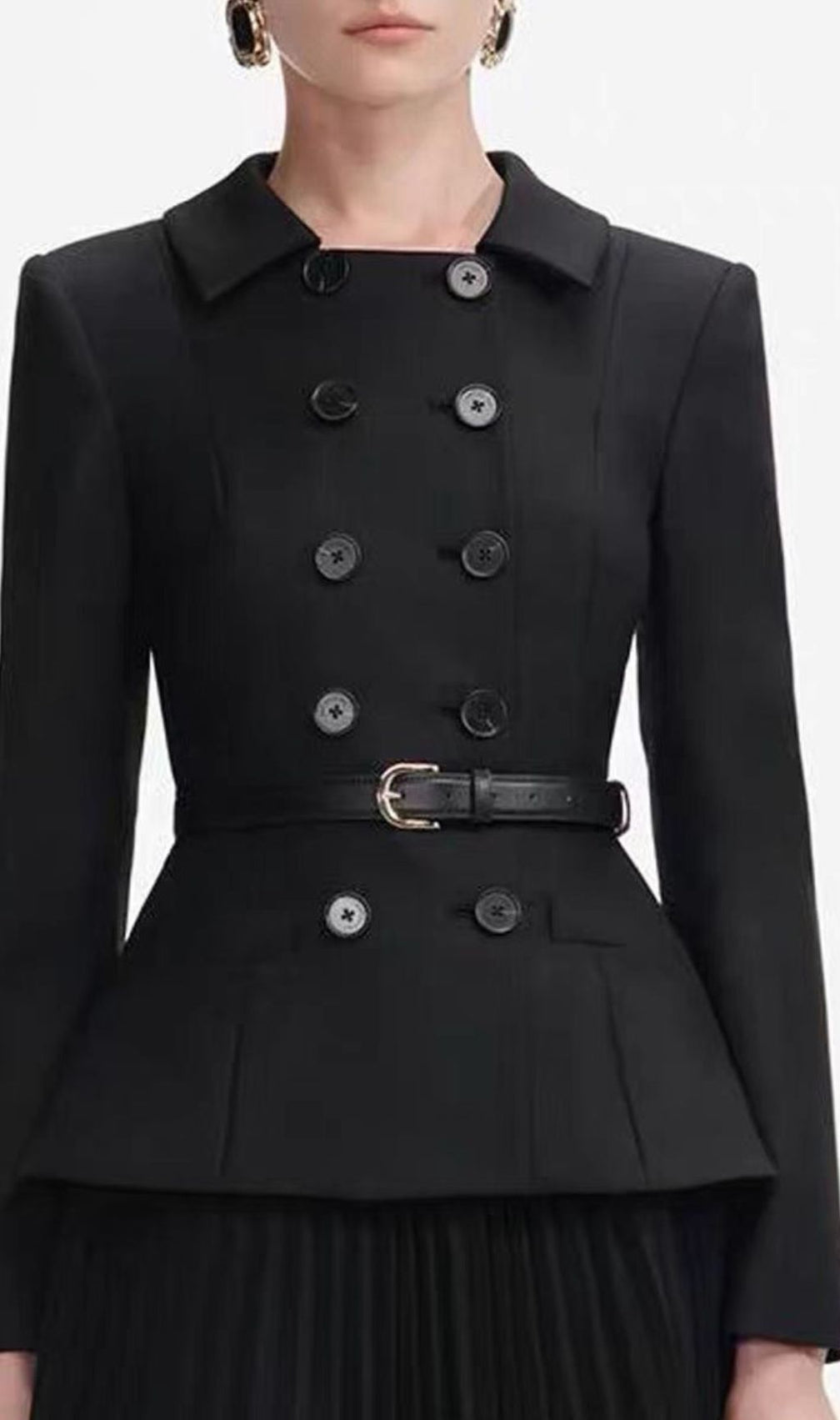 Julitta Black Peplum Power Midi Dress - Long Sleeve & Pleated Skirt